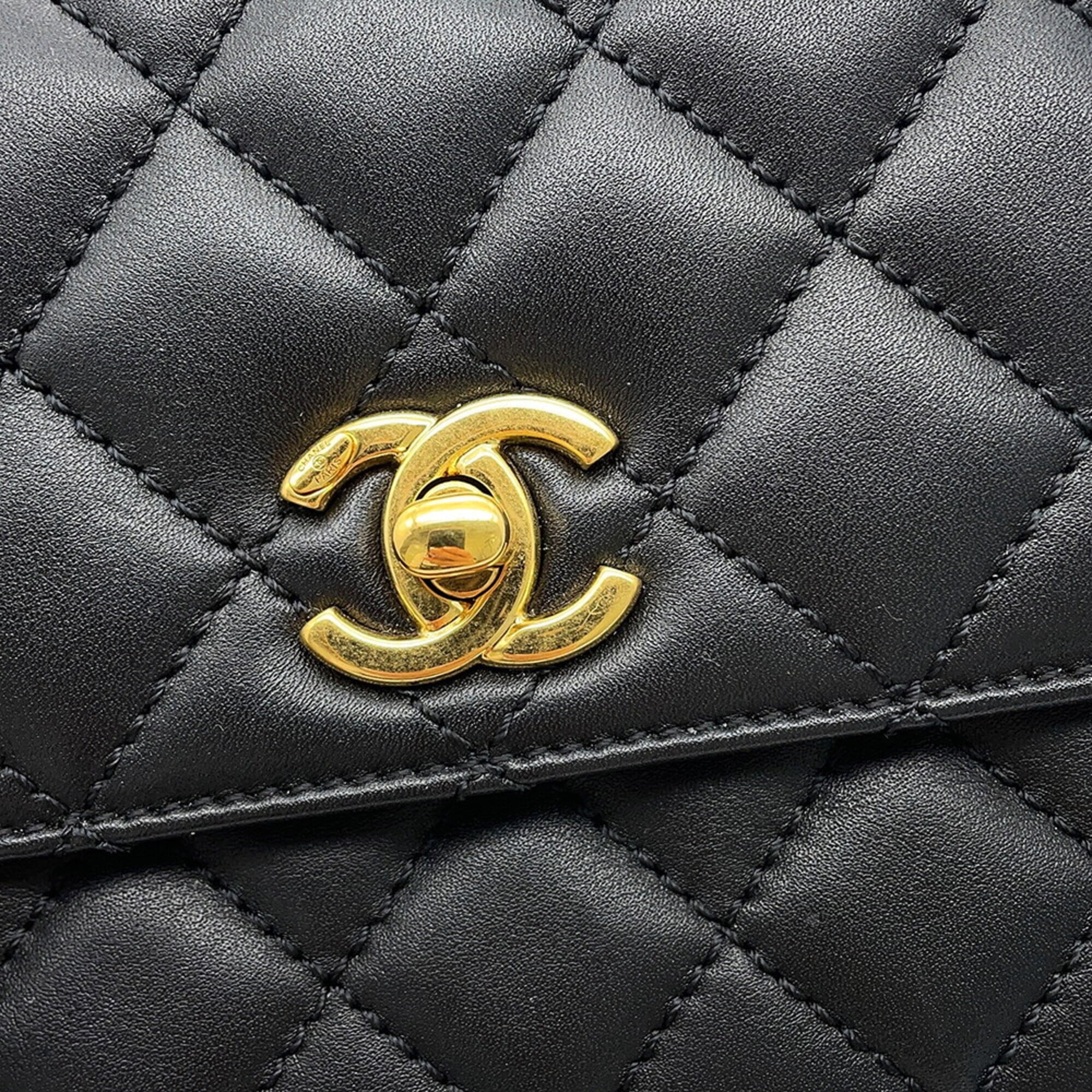 Chanel Matelassé handbag, Coco Mark, Handle, Lambskin, A92990, CHANEL 2-way shoulder bag, Black, handbag for women — Like New