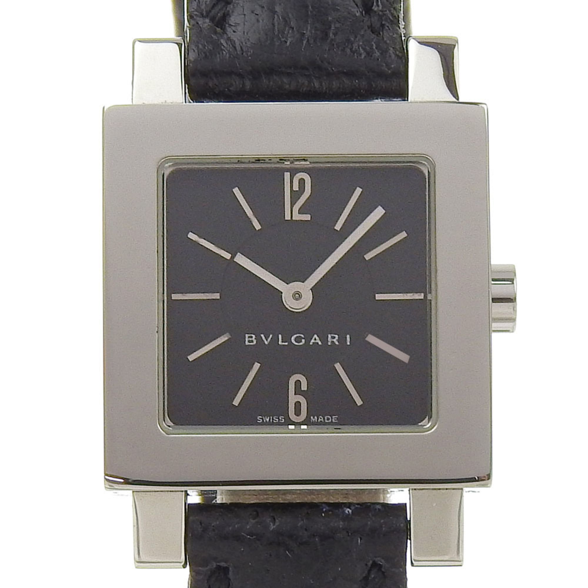 Bvlgari Quadrato SQ22SL Women's Watch, Stainless Steel with Embossed Leather, Quartz Movement, Analog Display, Black Dial — Good