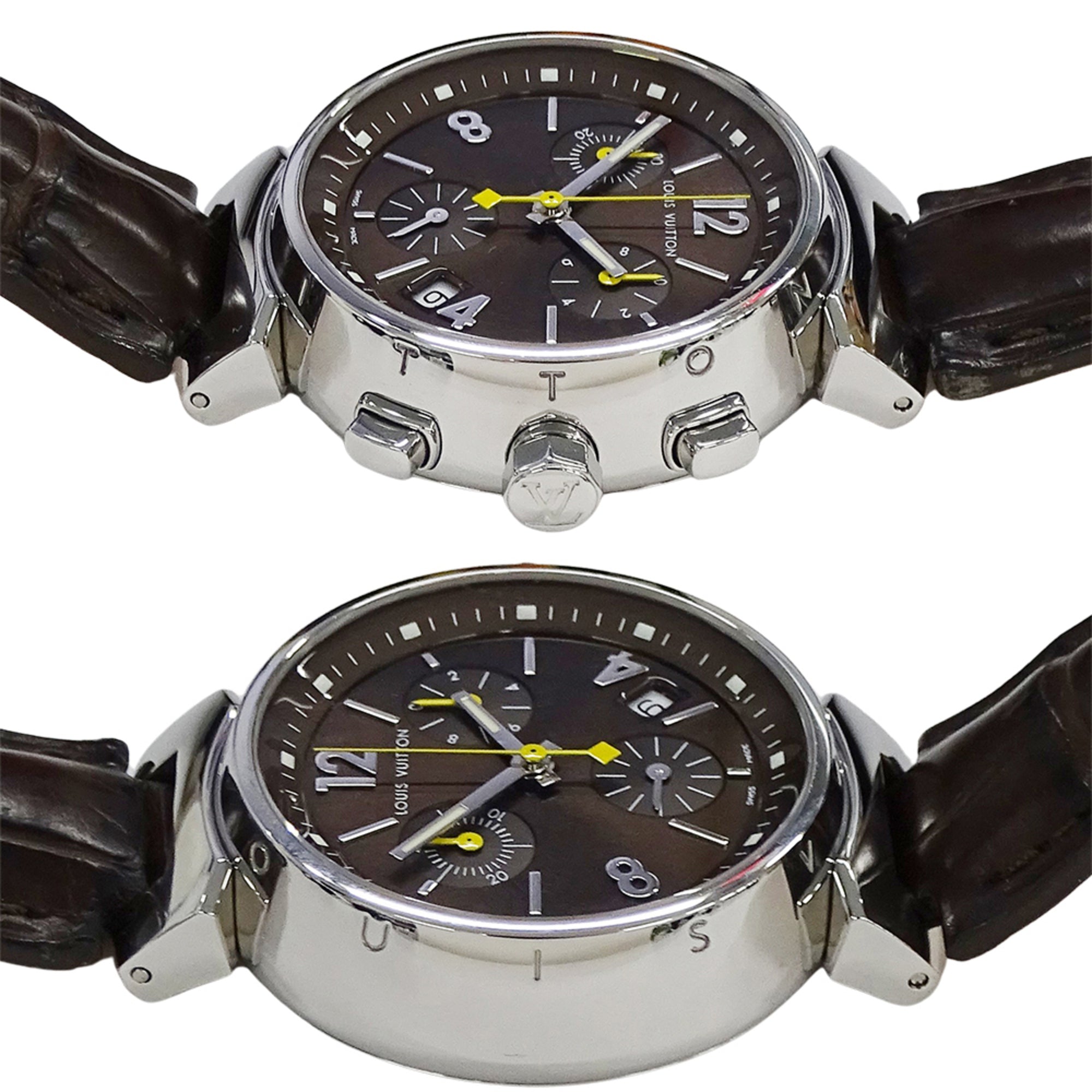 Louis Vuitton LOUIS VUITTON Boys' Watch Tambour Chronograph Date Quartz QZ Stainless Steel SS Leather Q1321 Silver Brown — Good