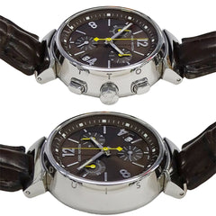 Louis Vuitton LOUIS VUITTON Boys' Watch Tambour Chronograph Date Quartz QZ Stainless Steel SS Leather Q1321 Silver Brown — Good