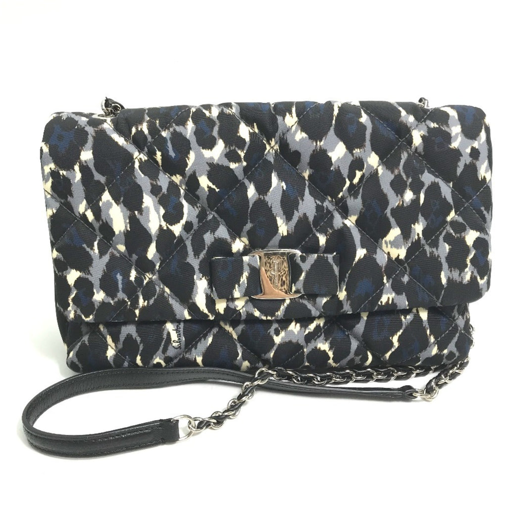 Salvatore Ferragamo E834 Vara Ribbon Leopard Chain Shoulder Bag in Nylon/Leather, Black
