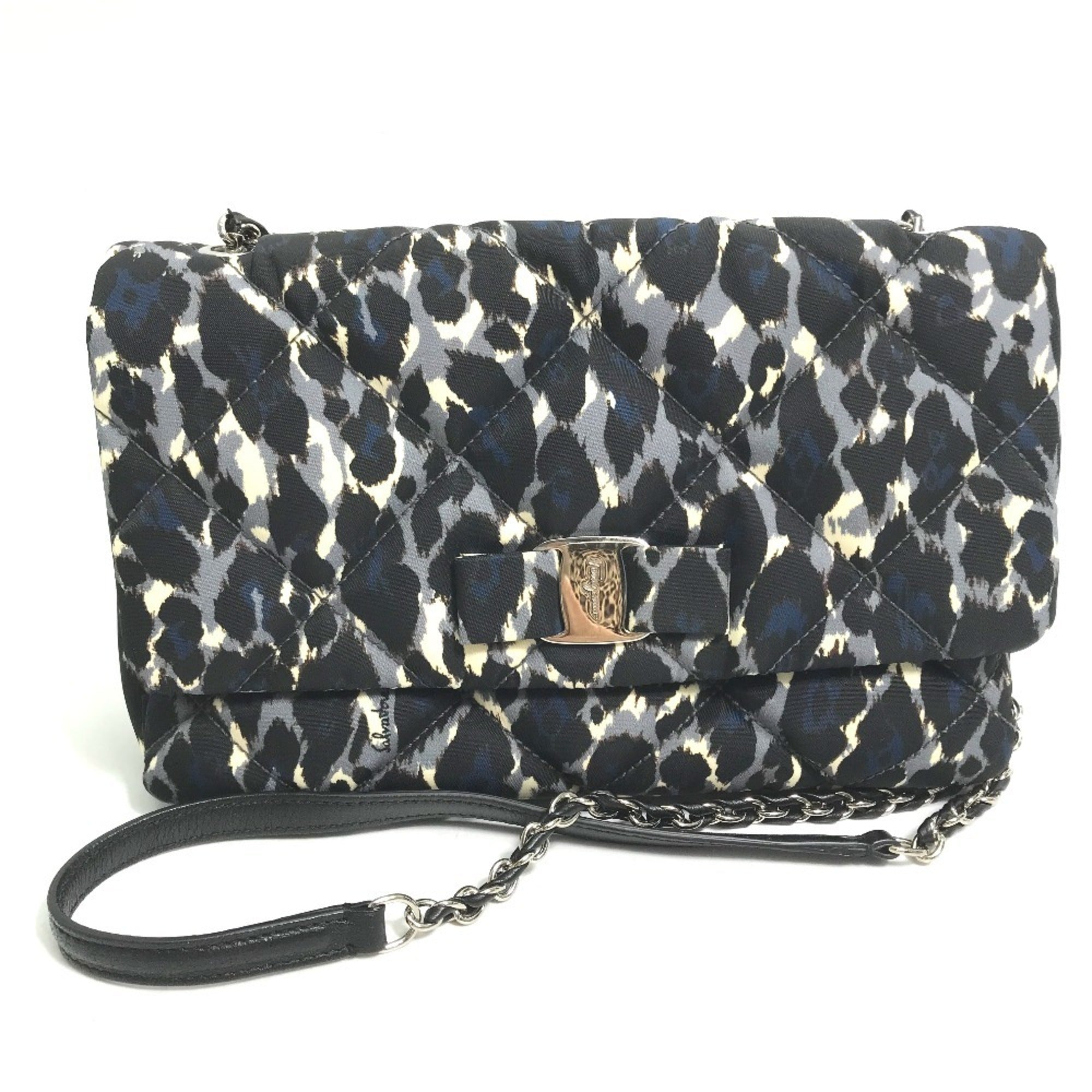 Salvatore Ferragamo E834 Vara Ribbon Leopard Chain Shoulder Bag in Nylon/Leather, Black
