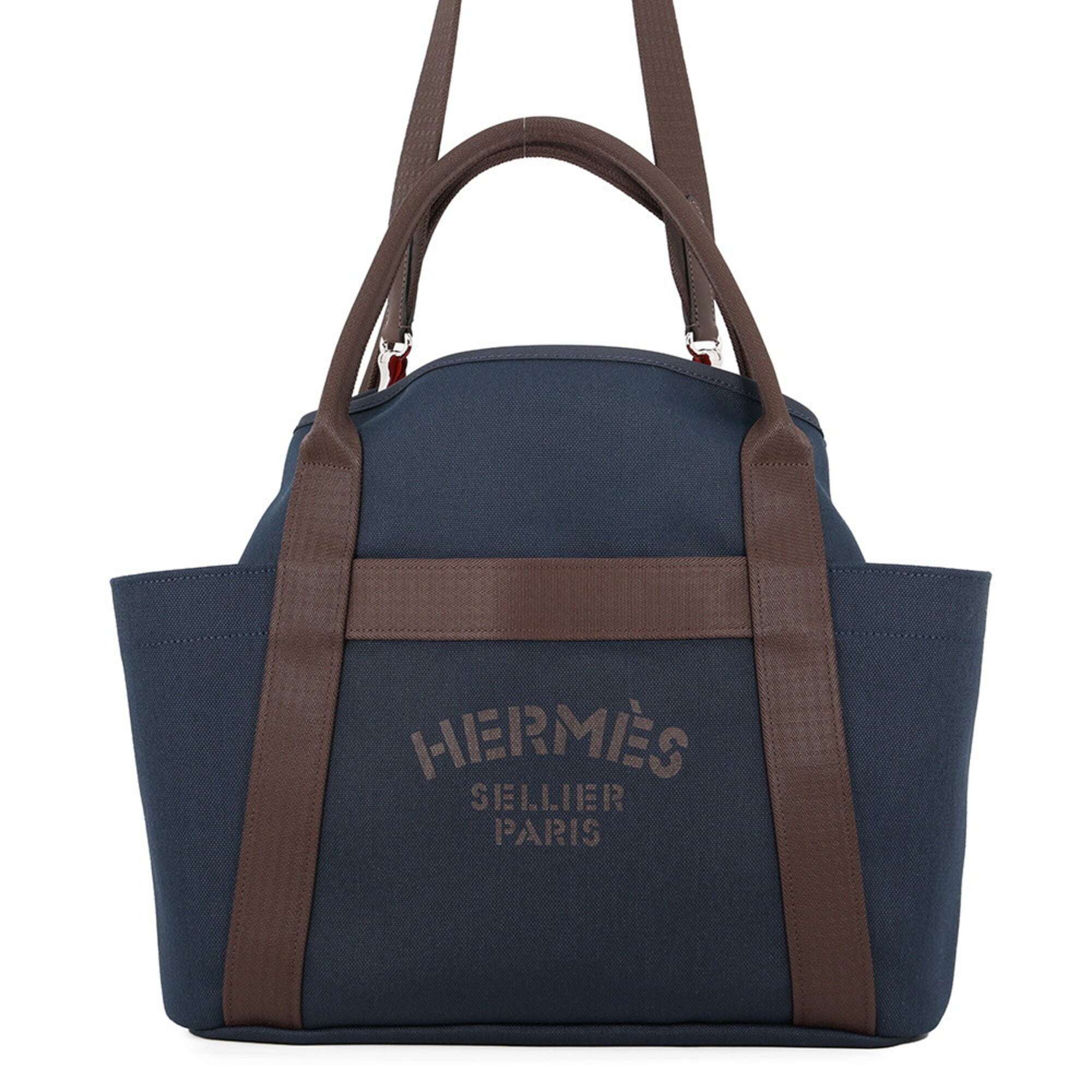 Hermes Sac de Pansage Groom Navy Feu Toile Chevron Canvas K Stamp HERMES Handbag — Like New