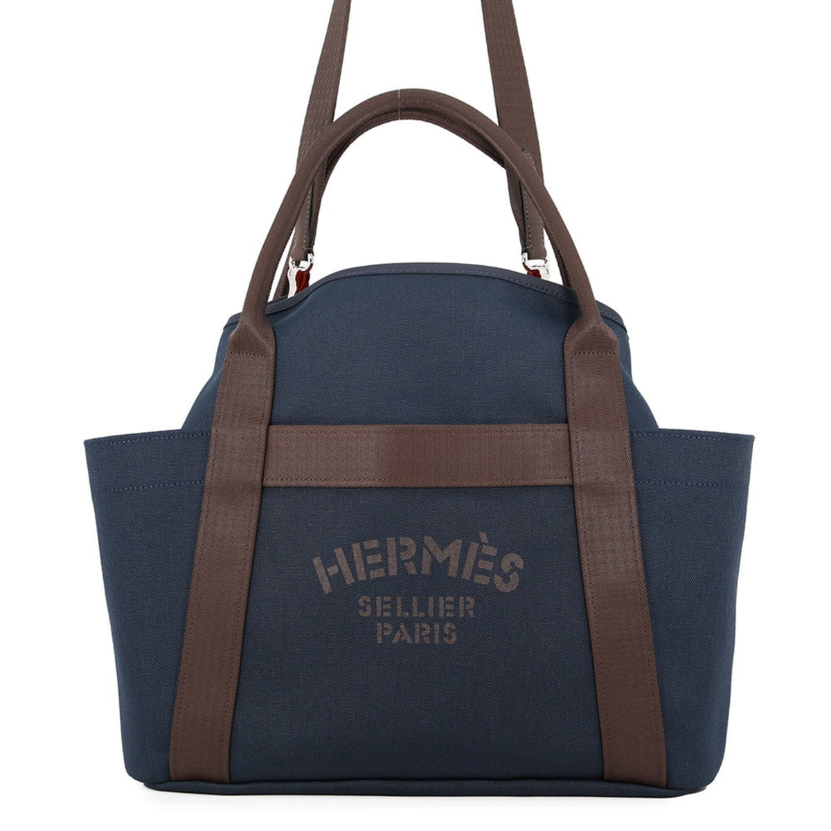 Hermes Sac de Pansage Groom Navy Feu Toile Chevron Canvas K Stamp HERMES Handbag — Like New