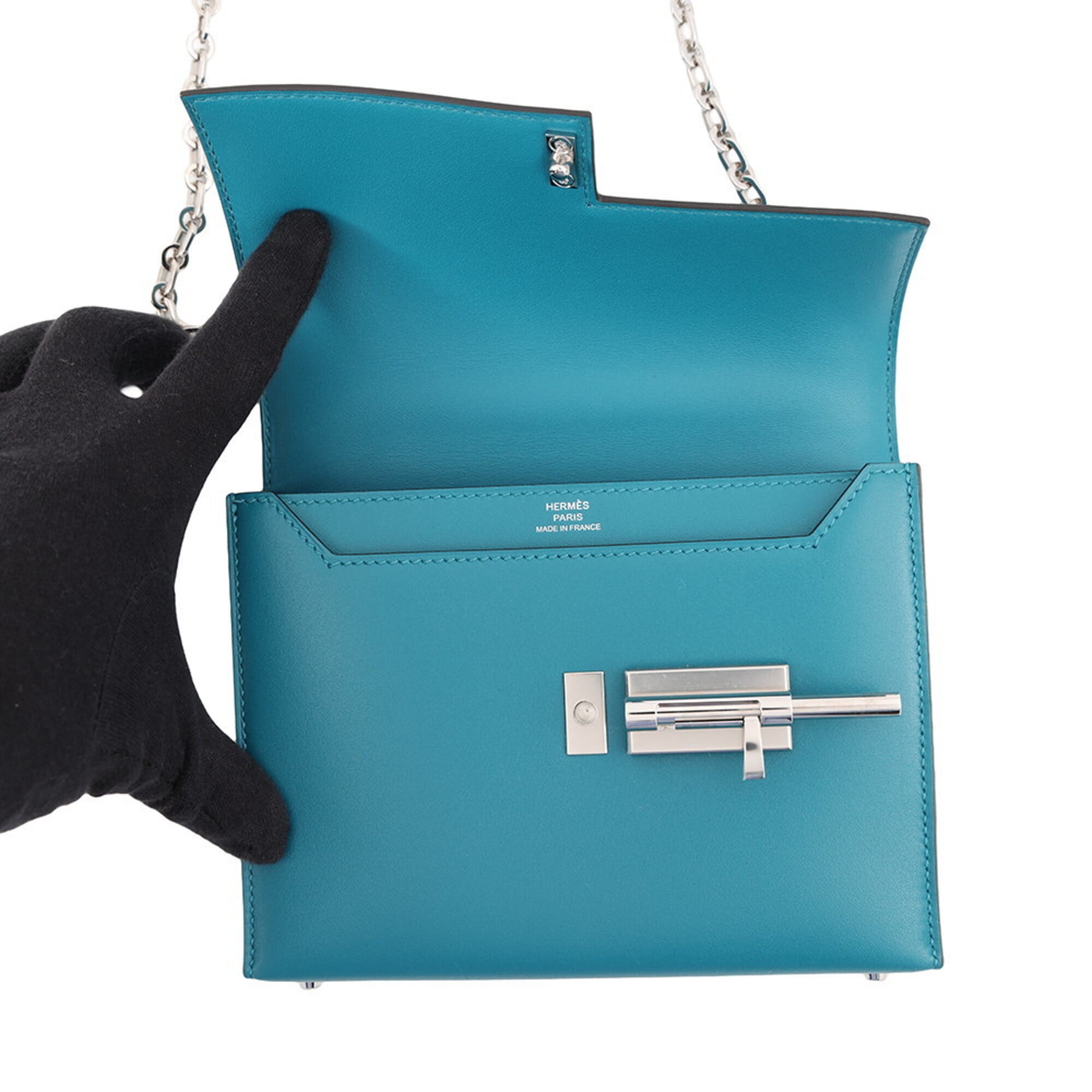 Hermes Chain Shoulder Bag Veroux Mini Blue Izmir Tadelakt C Stamp Handbag HERMES — Like New