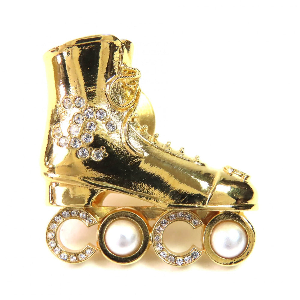 CHANEL F24 Roller Skate COCO Brooch with Faux Pearl and Coco Mark Rhinestones, Gold, Made in France, Women's — Like New