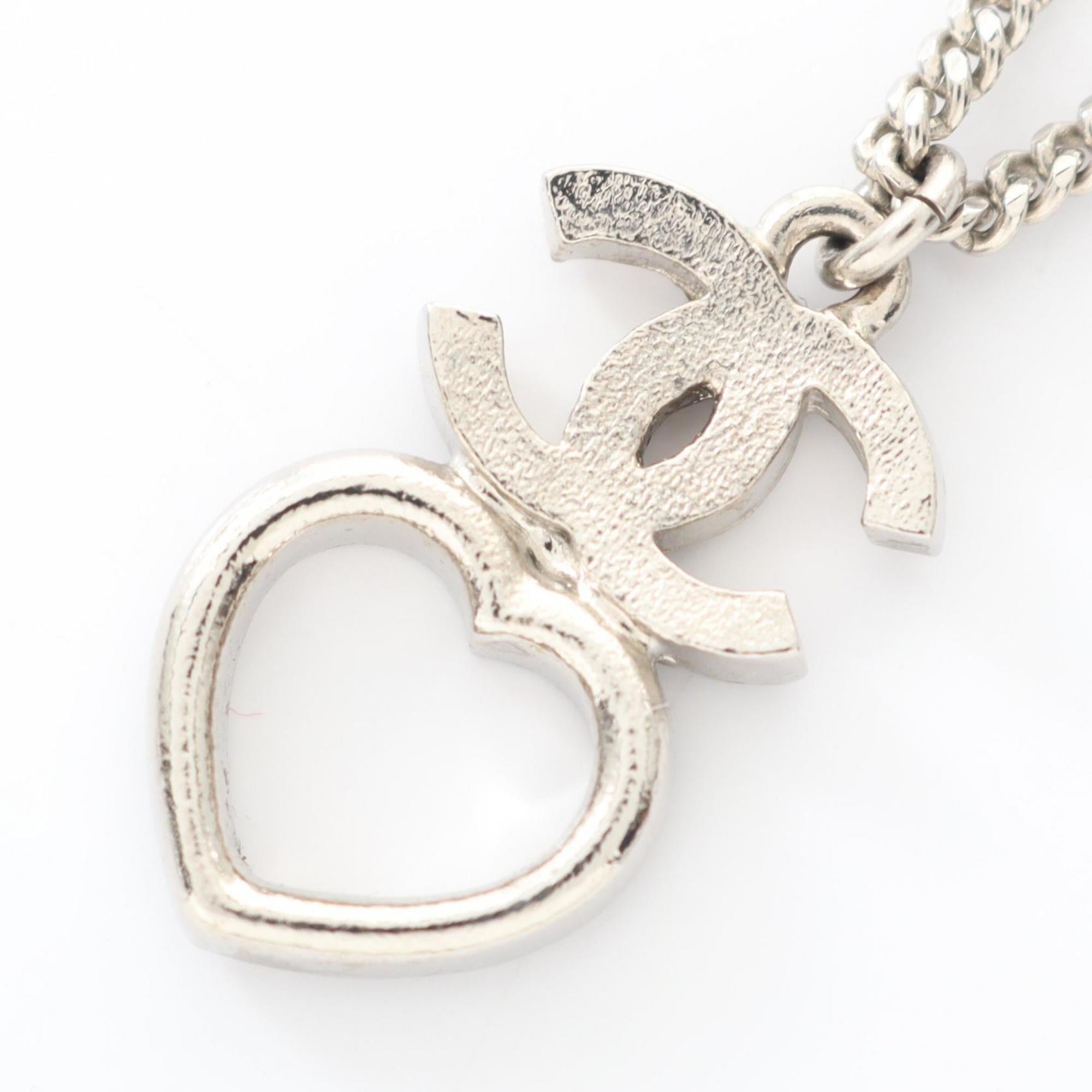 Chanel Coco Mark Heart Necklace, Stainless Steel with Faux Pearls and Rhinestones, Women's, Silver, White, Clear