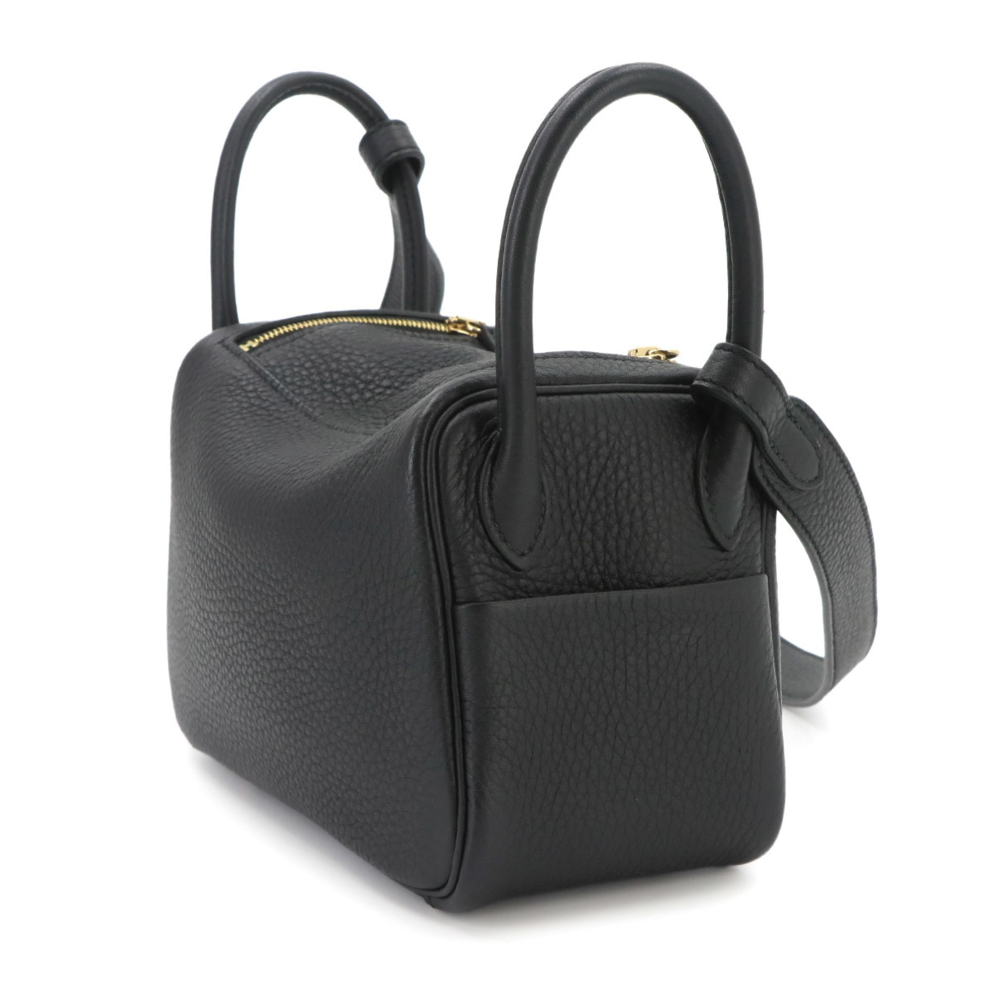 Hermes Lindy Mini 2-way Handbag/Shoulder Bag, Taurillon Clemence Leather, Black, W Stamp, Gold Hardware — Like New