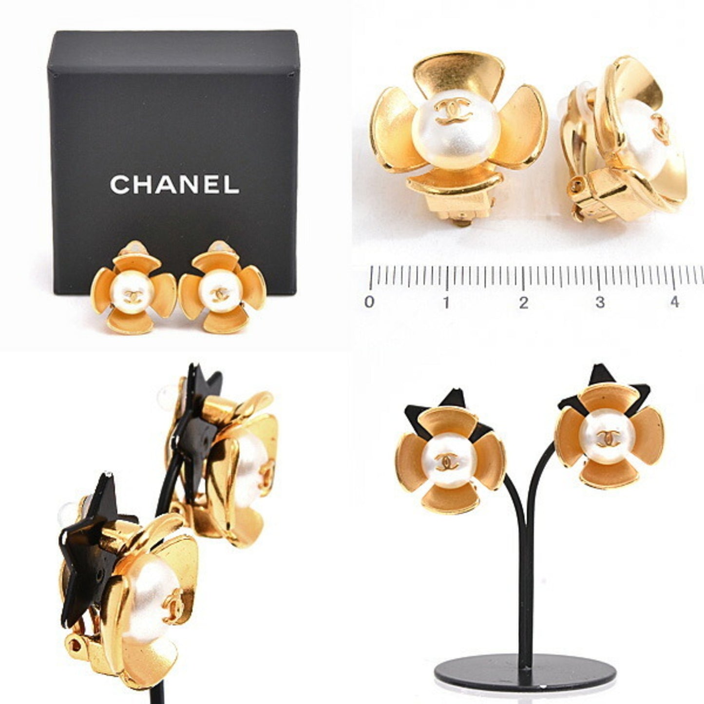 Chanel Earrings for Women, Flower Design Earrings, Coco Mark, Fake Pearl, Gold Color, CHANEL 96P GP
