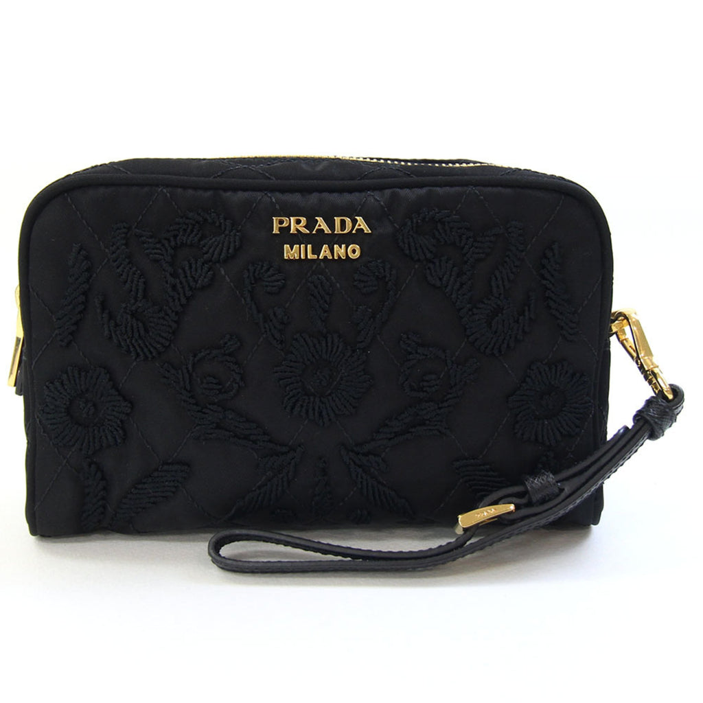 Prada Pouch 1NE021 Black Nylon and Leather Clutch Bag with Strap, Floral Embroidery, Women's, PRADA