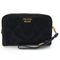 Prada Pouch 1NE021 Black Nylon and Leather Clutch Bag with Strap, Floral Embroidery, Women's, PRADA