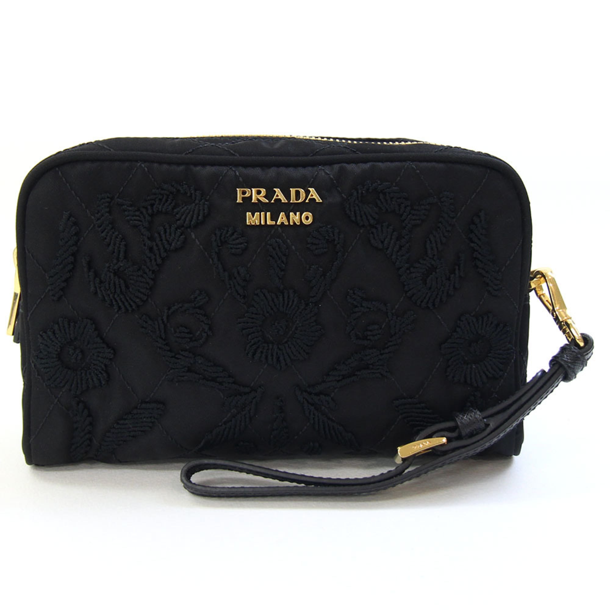 Prada Pouch 1NE021 Black Nylon and Leather Clutch Bag with Strap, Floral Embroidery, Women's, PRADA