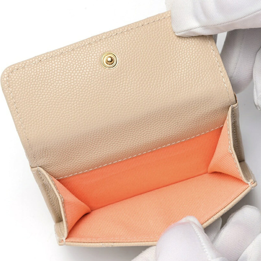 CHANEL Matelasse Small Flap Wallet Trifold AP3518 Caviar Skin Beige S-159569