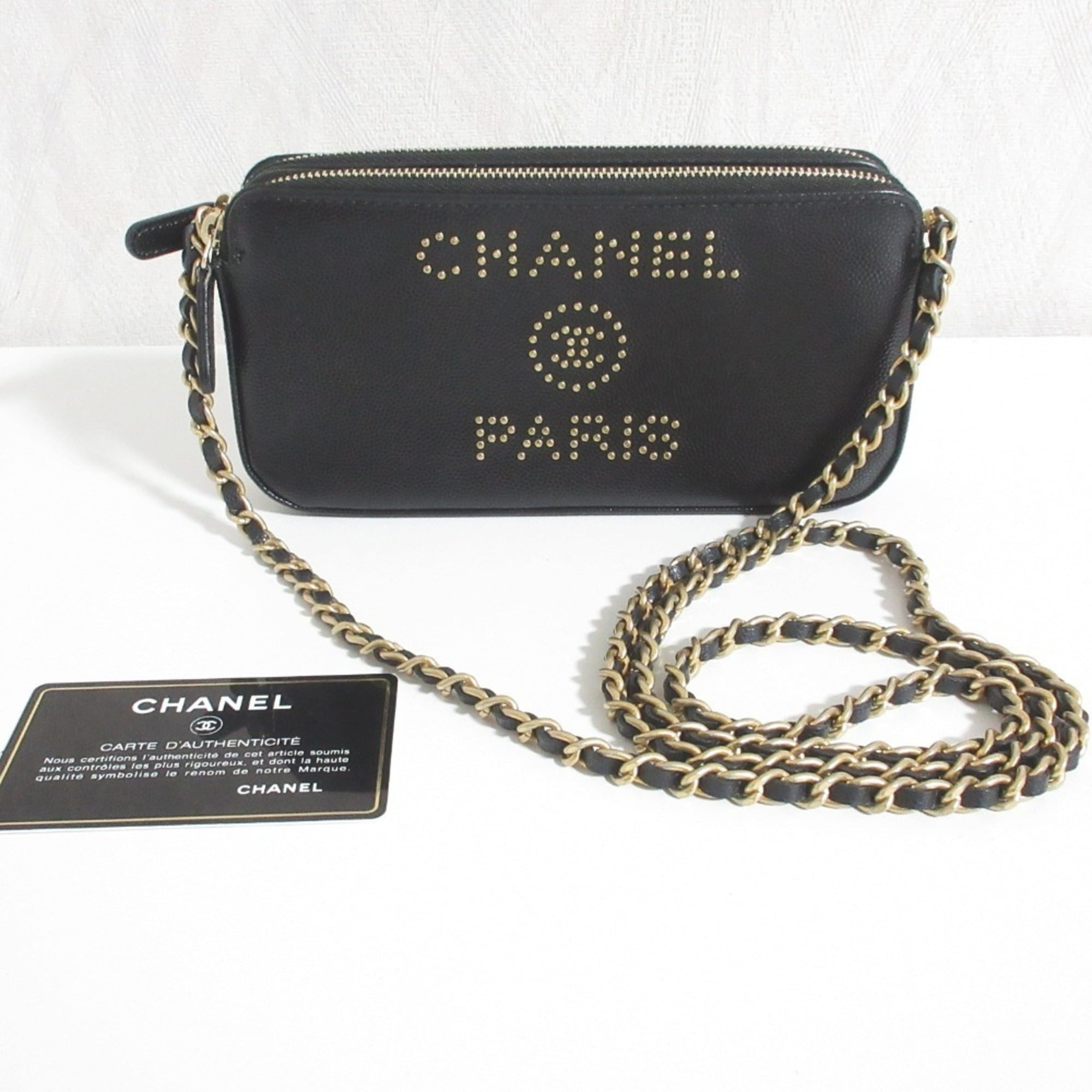 CHANEL Deauville Caviar Skin Wallet Chain Shoulder Bag Black Women's — Like New