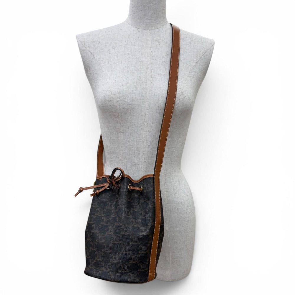CELINE 19114 Triomphe Small Drawstring Shoulder Bag, Canvas, Tan, Made in Italy, Women's, with Dust Bag — Like New