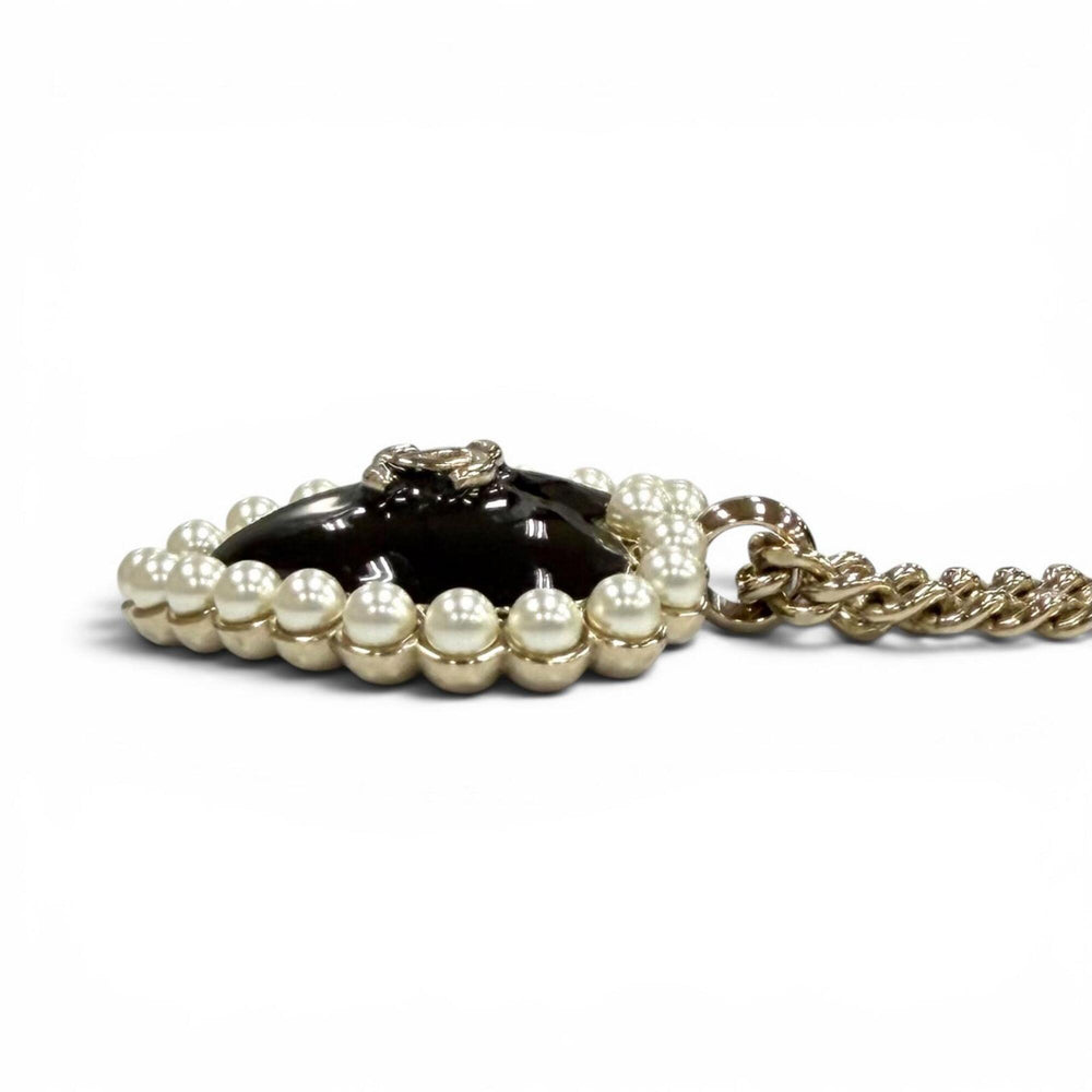 CHANEL B25 Coco Mark Pearl Heart Pendant Necklace, Black, White, Gold Hardware, Made in Italy, Women's, with Box and Dust Bag — Like New