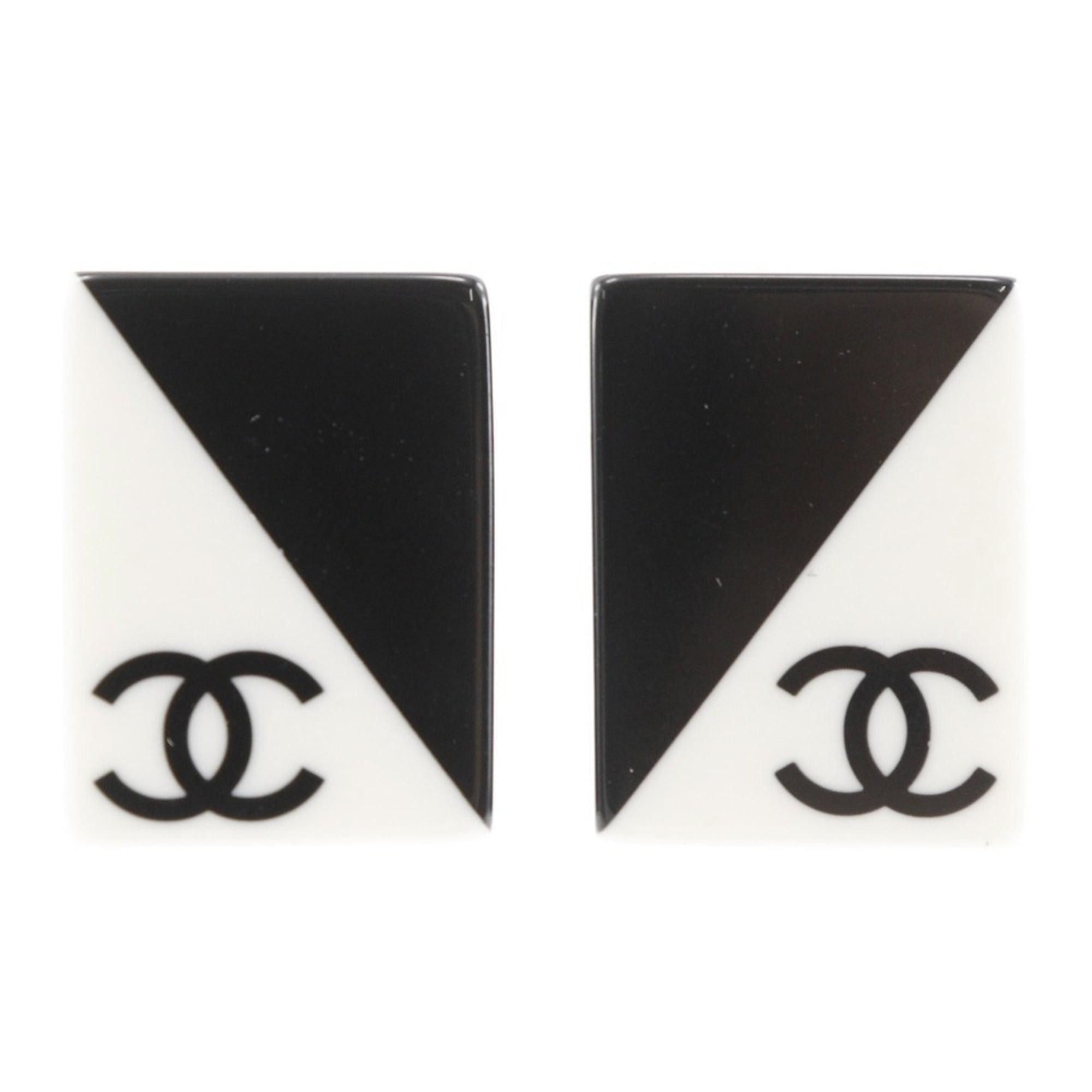 CHANEL COCO Mark Square Plastic Earrings, 2001, Black/White, 01P, Square, Approx. 5g, Women's