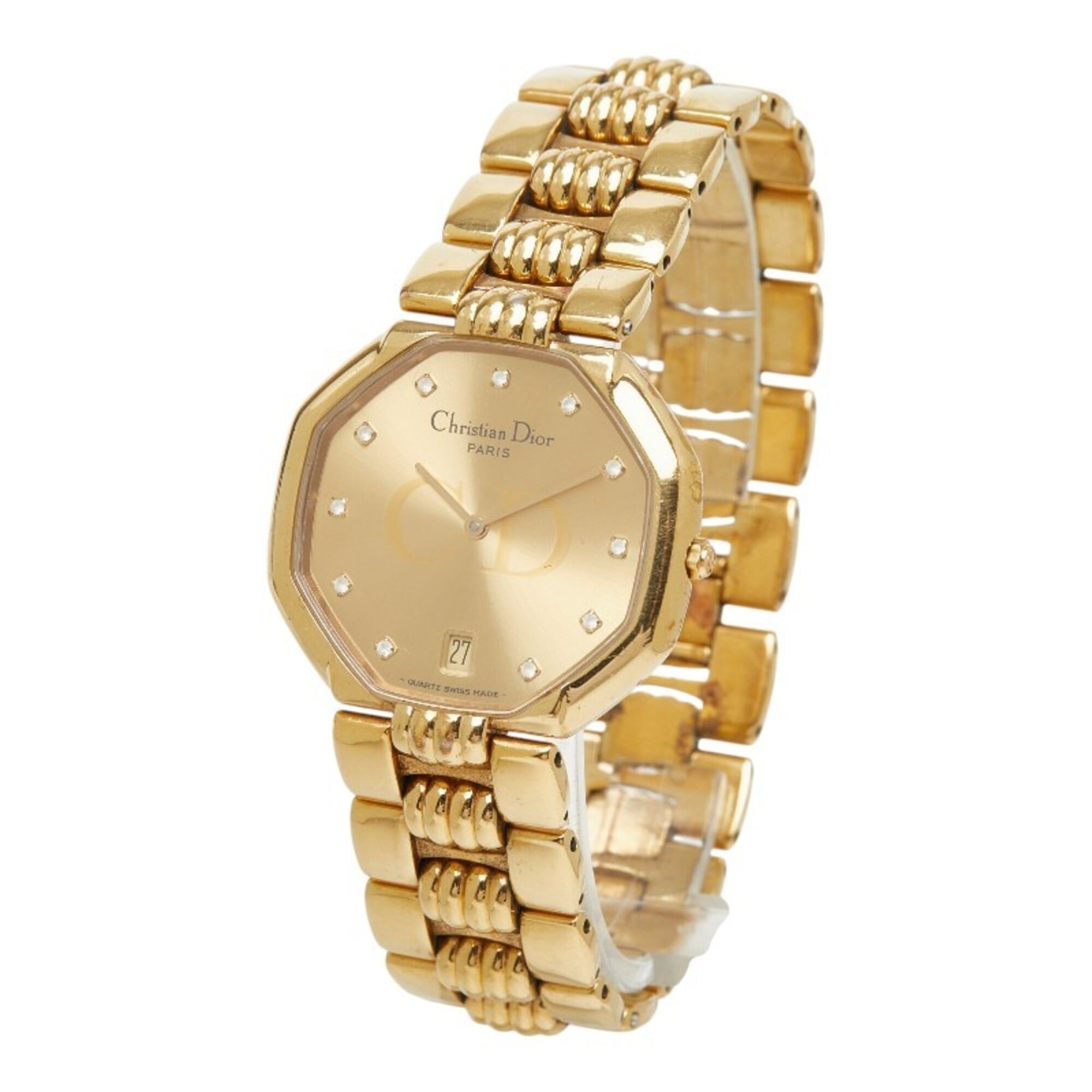 Dior Depose Octagon Watch 45 154 Quartz Gold Dial Stainless Steel Rhinestone Women's — Good