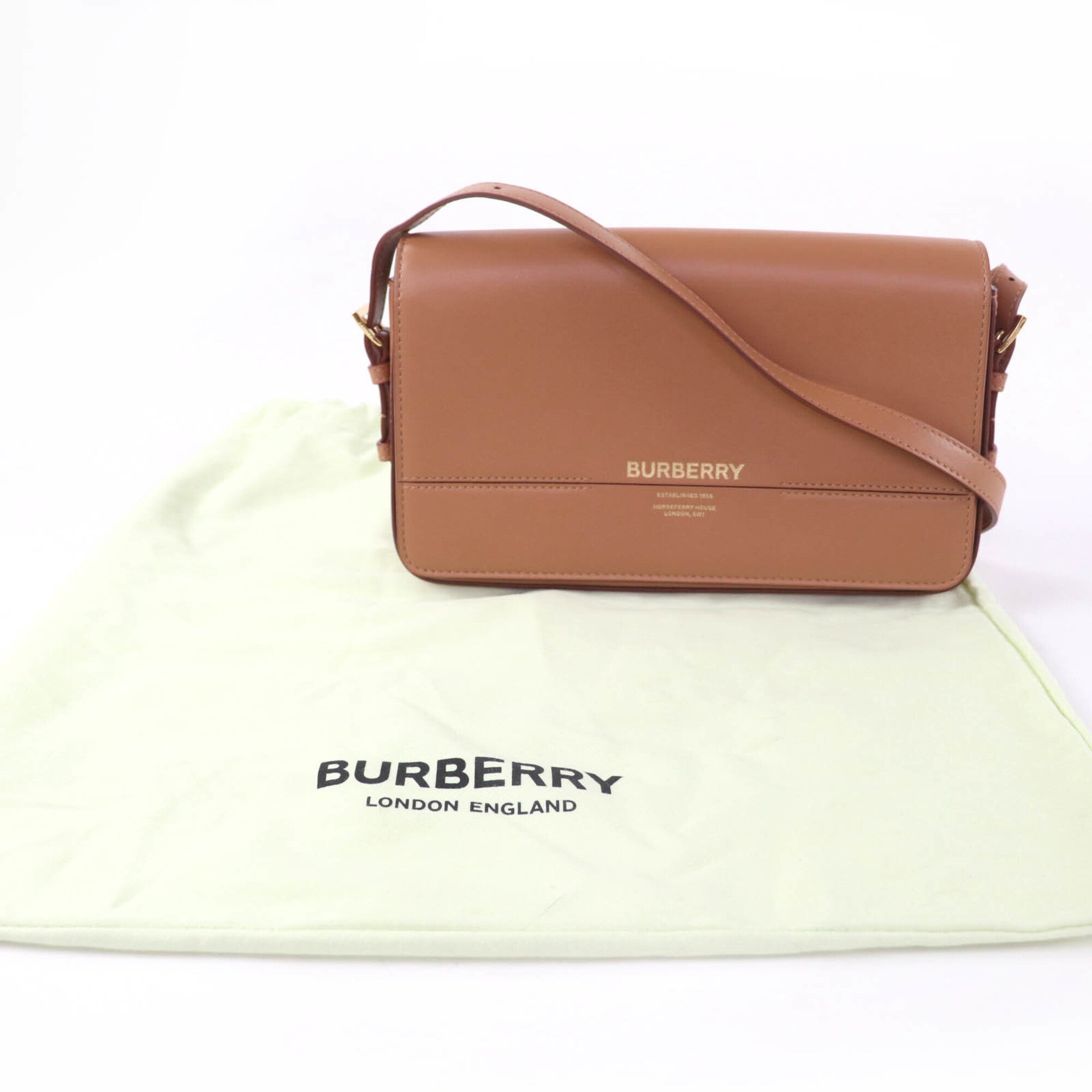 BURBERRY Grace logo leather shoulder bag, brown, with dust made in Italy, women's — Like New