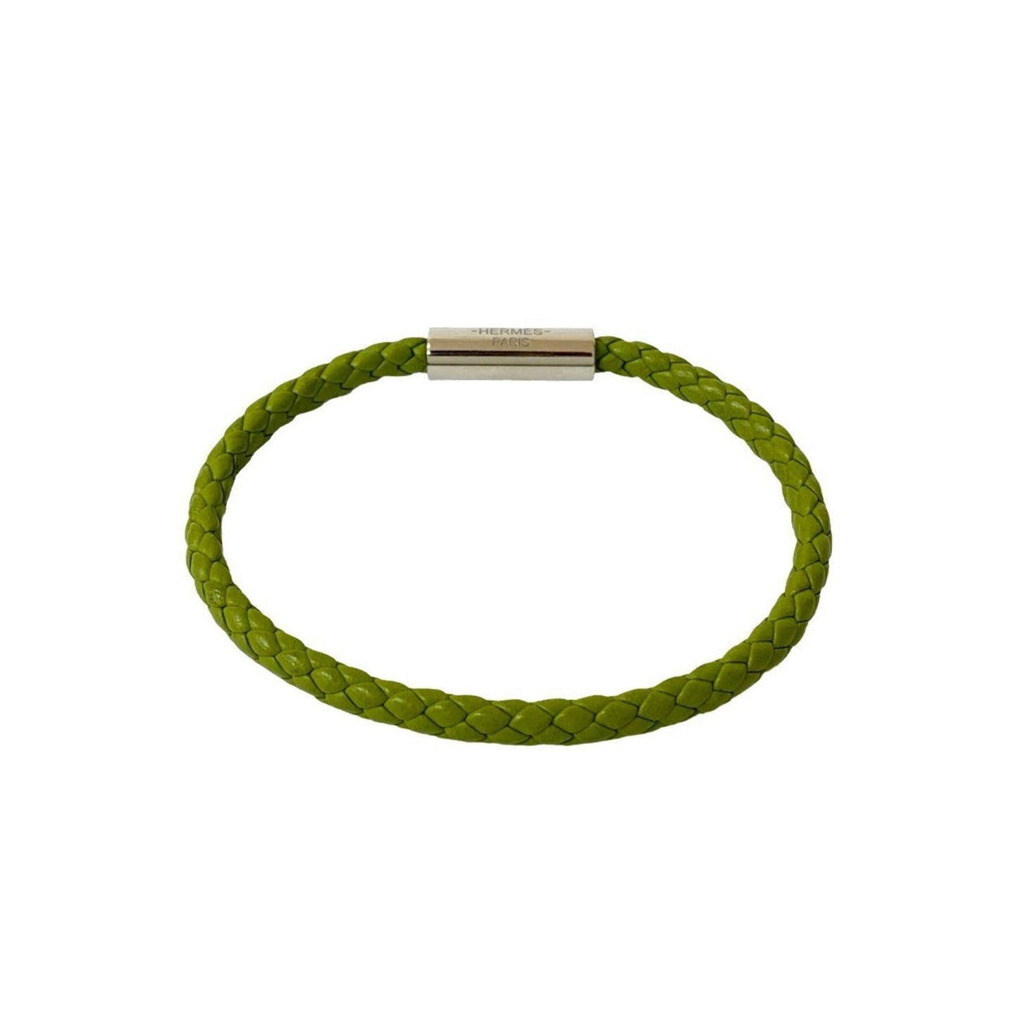 HERMES Goliath Braided Leather Bracelet/Bangle in Light Green and Silver (99739)