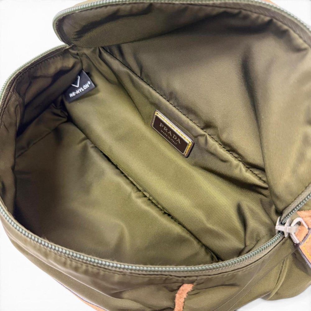 PRADA 2VH171 Re-Nylon Suede Leather Triangle Logo Body Bag, Khaki Brown, Made in Italy, Men's, with Dust Bag — Like New