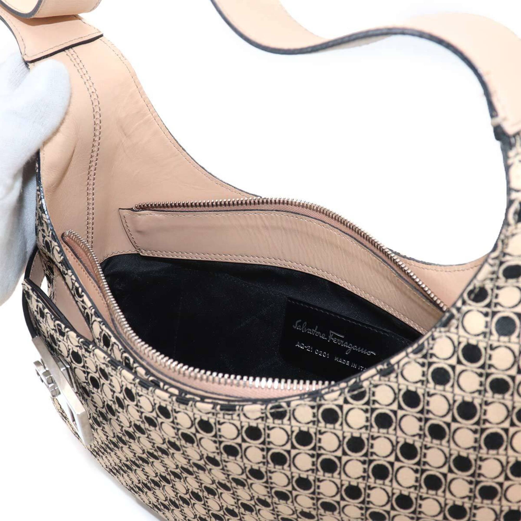 Salvatore Ferragamo Gancini Shoulder Handbag, Canvas and Leather, Beige Black, AQ-21 0201 Bag — Like New