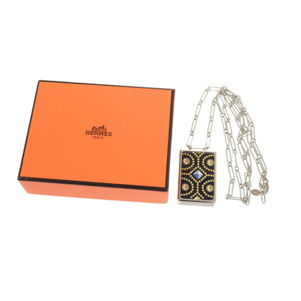 Like new Hermes Boite a Reve pendant metal silver navy necklace 1421HERMES — Like New