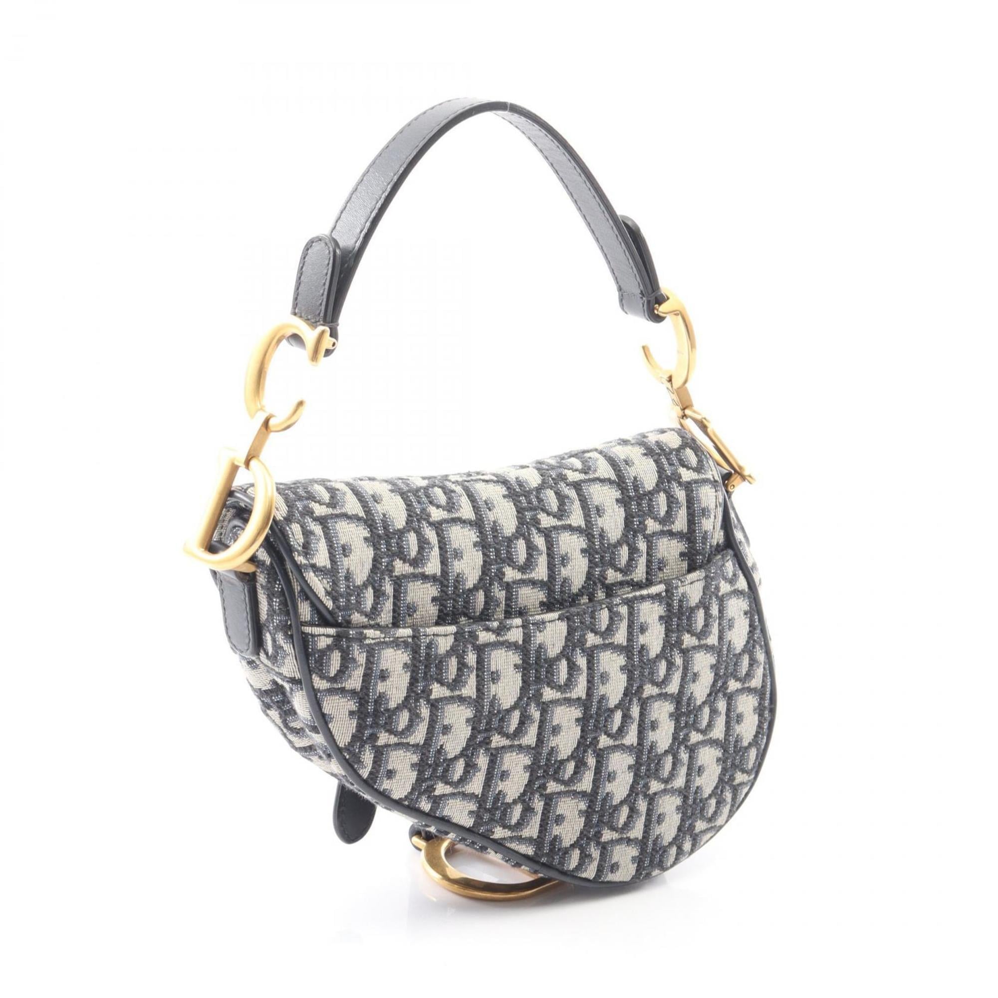 Christian Dior Dior Saddle Bag Mini Oblique Jacquard Handbag Canvas Leather Women's Ivory Navy