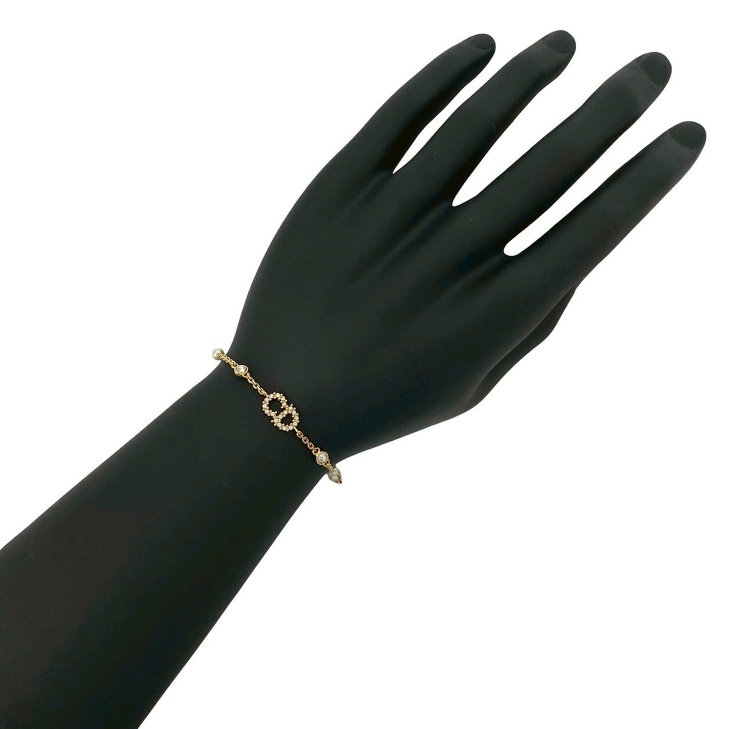 Christian Dior CD Logo GP Rhinestone and Faux Pearl Bracelet in Gold 04991