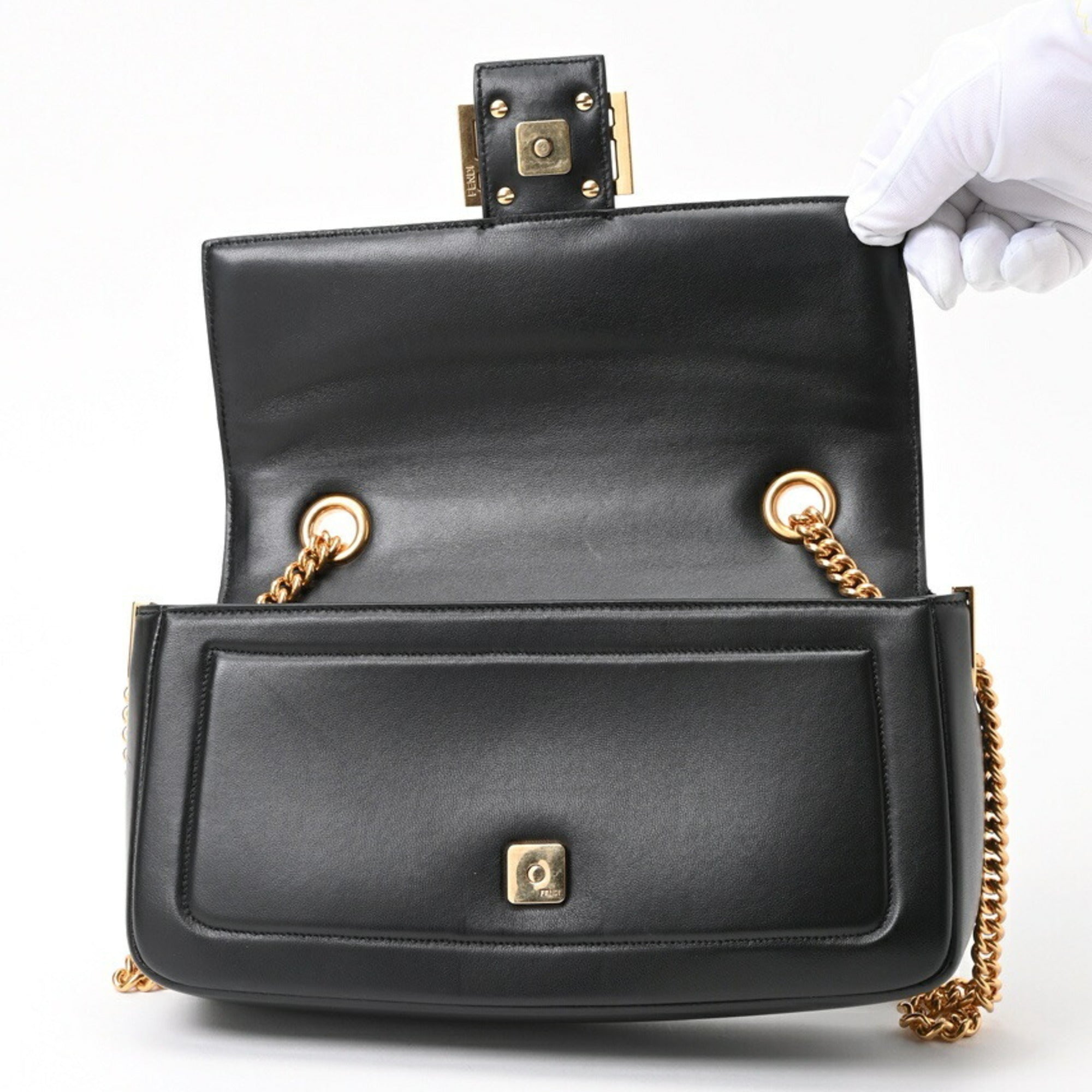 FENDI Baguette Chain Shoulder 8BR783 Leather Black S-157022