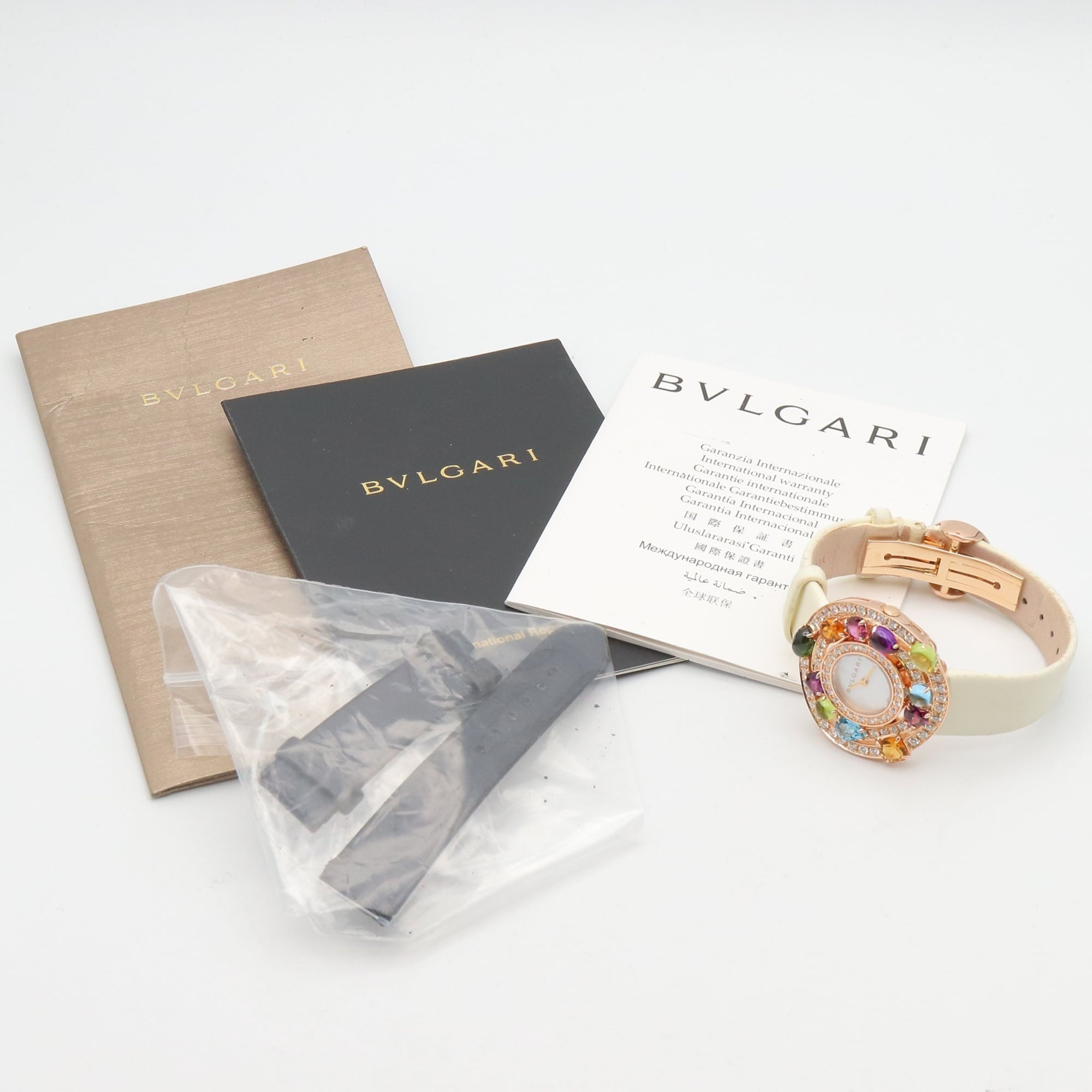 Bulgari BVLGARI Astrale Cerchi Diamond & Colored Stone Watch, 18K Pink Gold (PG), Diamond, Leather Strap, Women's, White, White Shell, AEP36G — Very Good