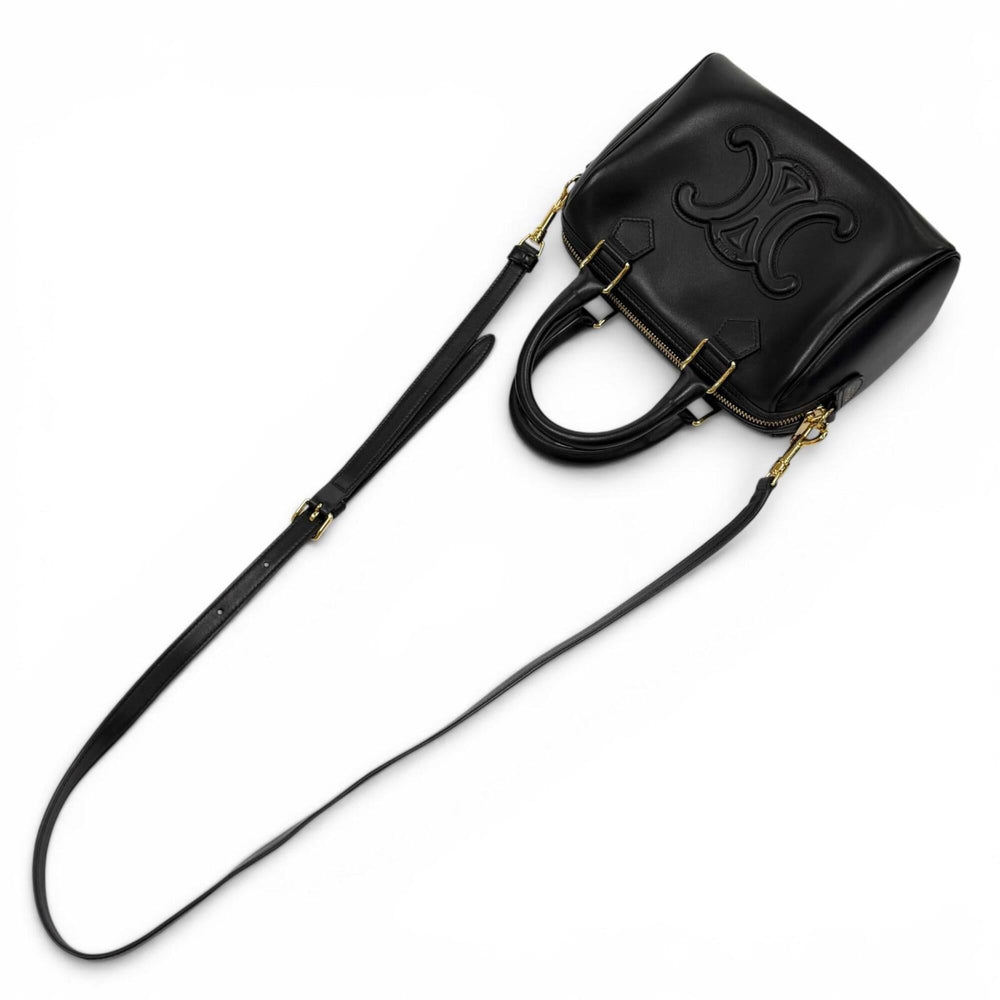 CELINE 11377 Smooth Calfskin Cuir Triomphe Small Boston 2-Way Bag Shoulder Black Made in Italy Women's with Dust — Like New
