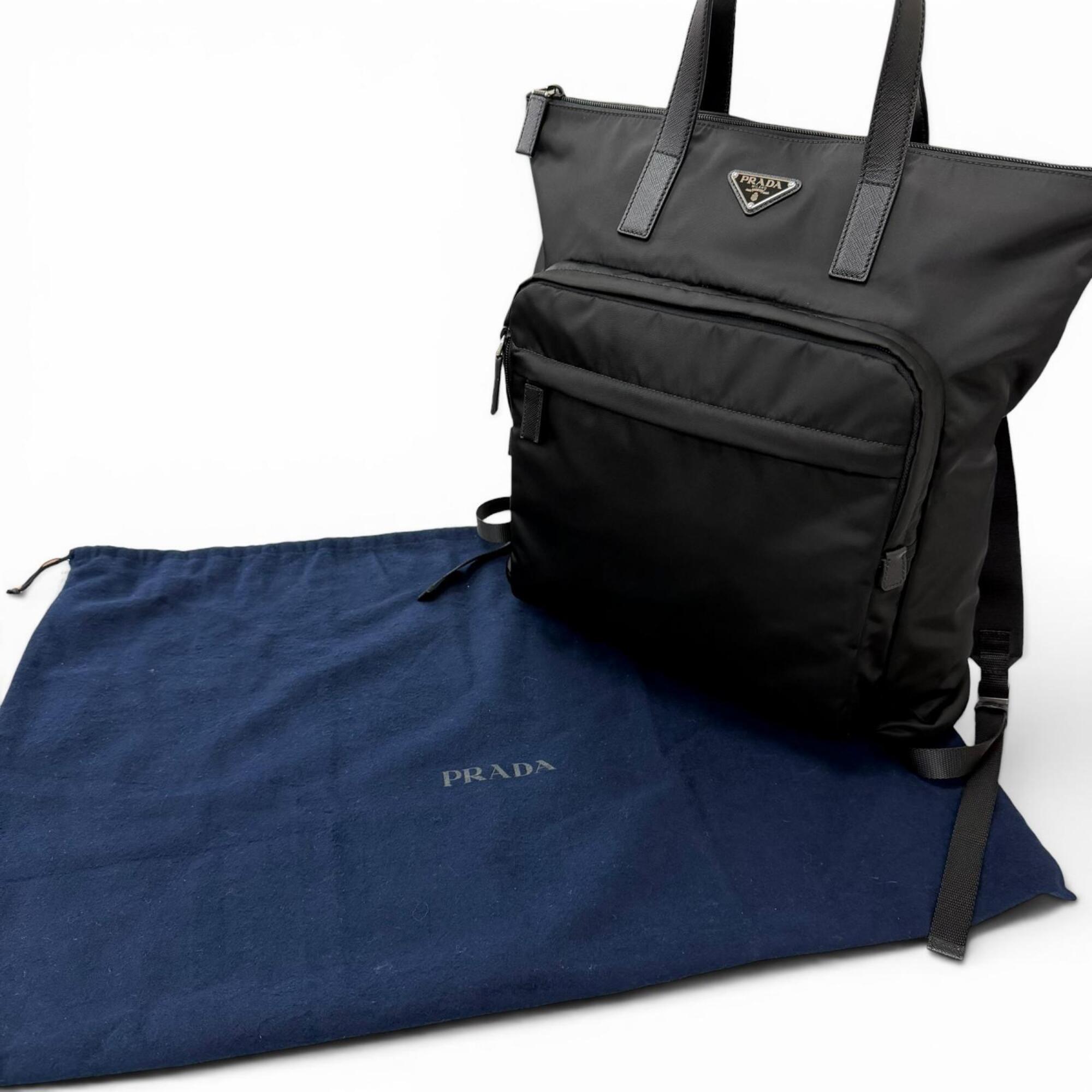PRADA 2VG098 Triangle Logo Saffiano Leather Re-Nylon 2-Way Backpack Tote Bag Black Made in Italy Men's with Dust — Like New
