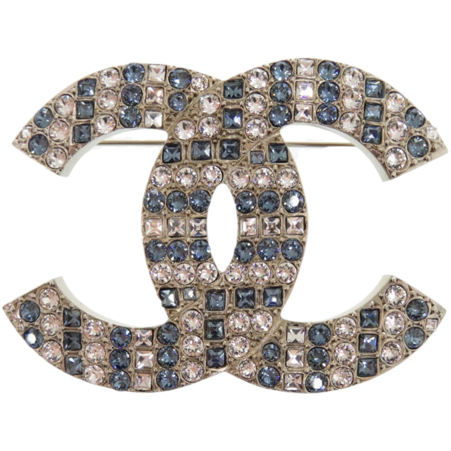 Chanel Coco Mark Rhinestone Metal Silver and Blue Brooch 1673CHANEL