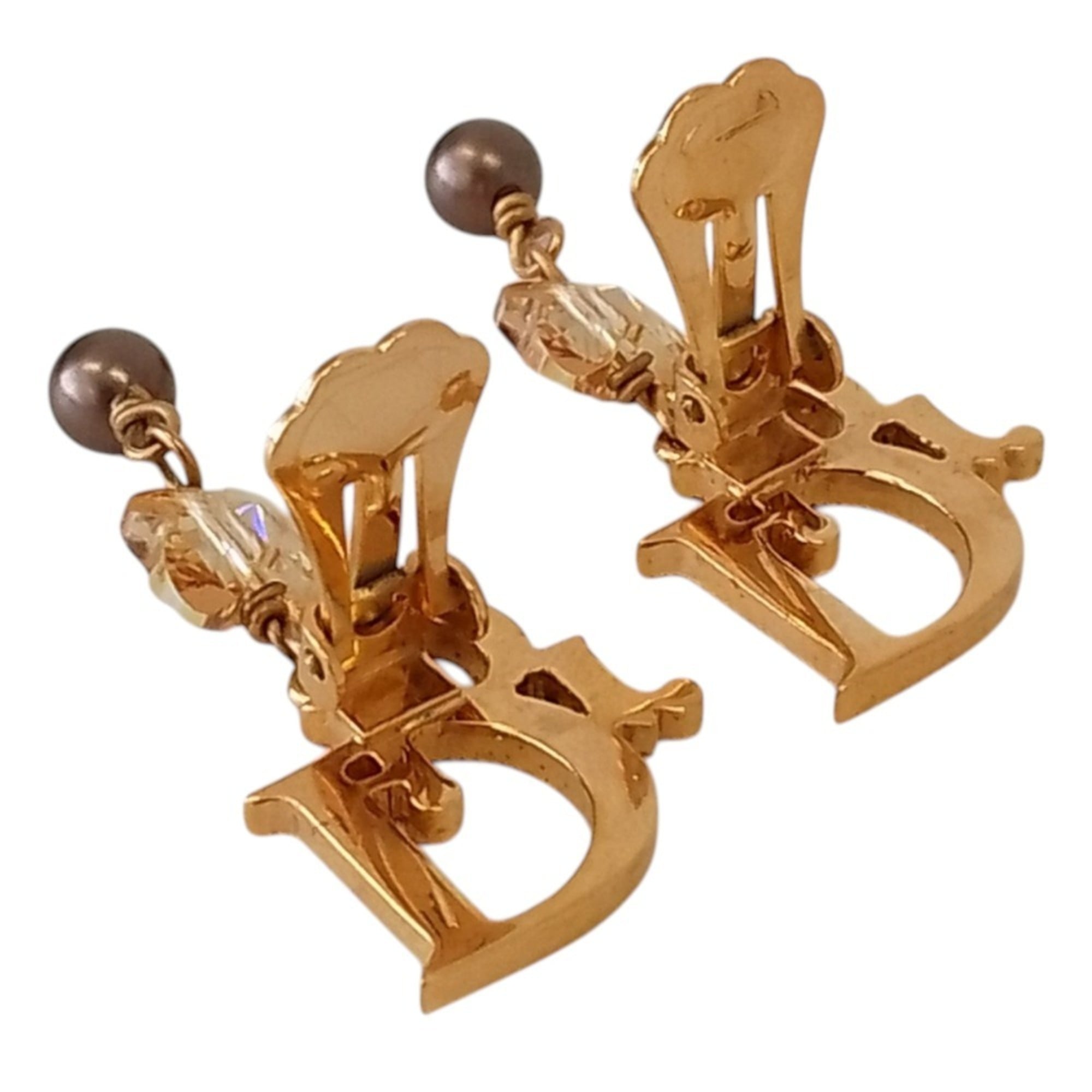 Christian Dior Rhinestone Logo Butterfly Pearl Swing Earrings, GP Gold Color, Women's — Like New