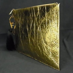 FENDI Clutch Bag Large Flat Pouch 8N0178 Gold Leather Men's Women's Tassel — New - Store Return