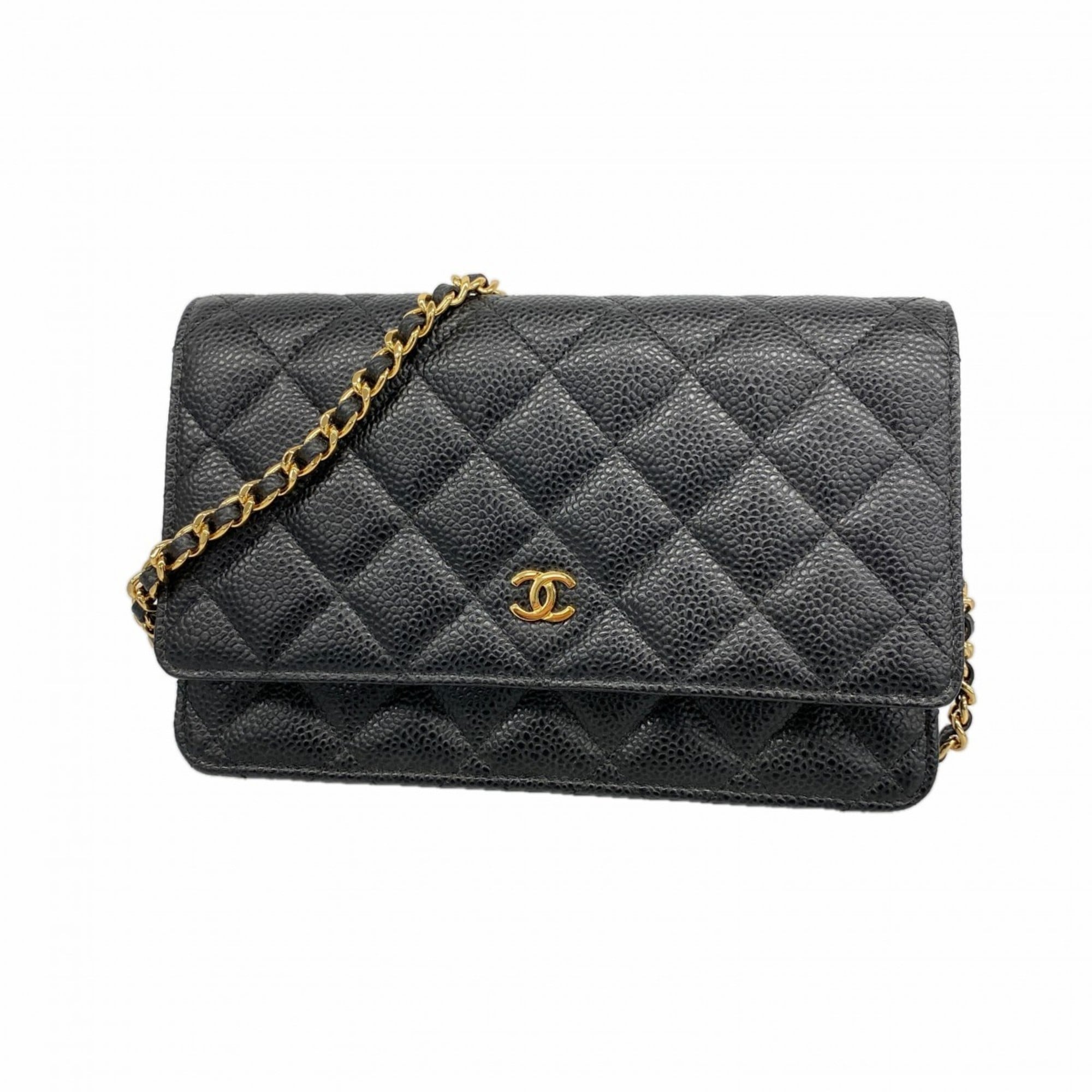 Chanel Matelasse Chain Shoulder Wallet in Caviar Leather, Black, Women's