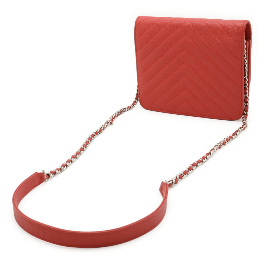 CHANEL V-Stitch Chevron Chain Wallet Shoulder Bag Pochette Caviar Leather Red Pink — Like New