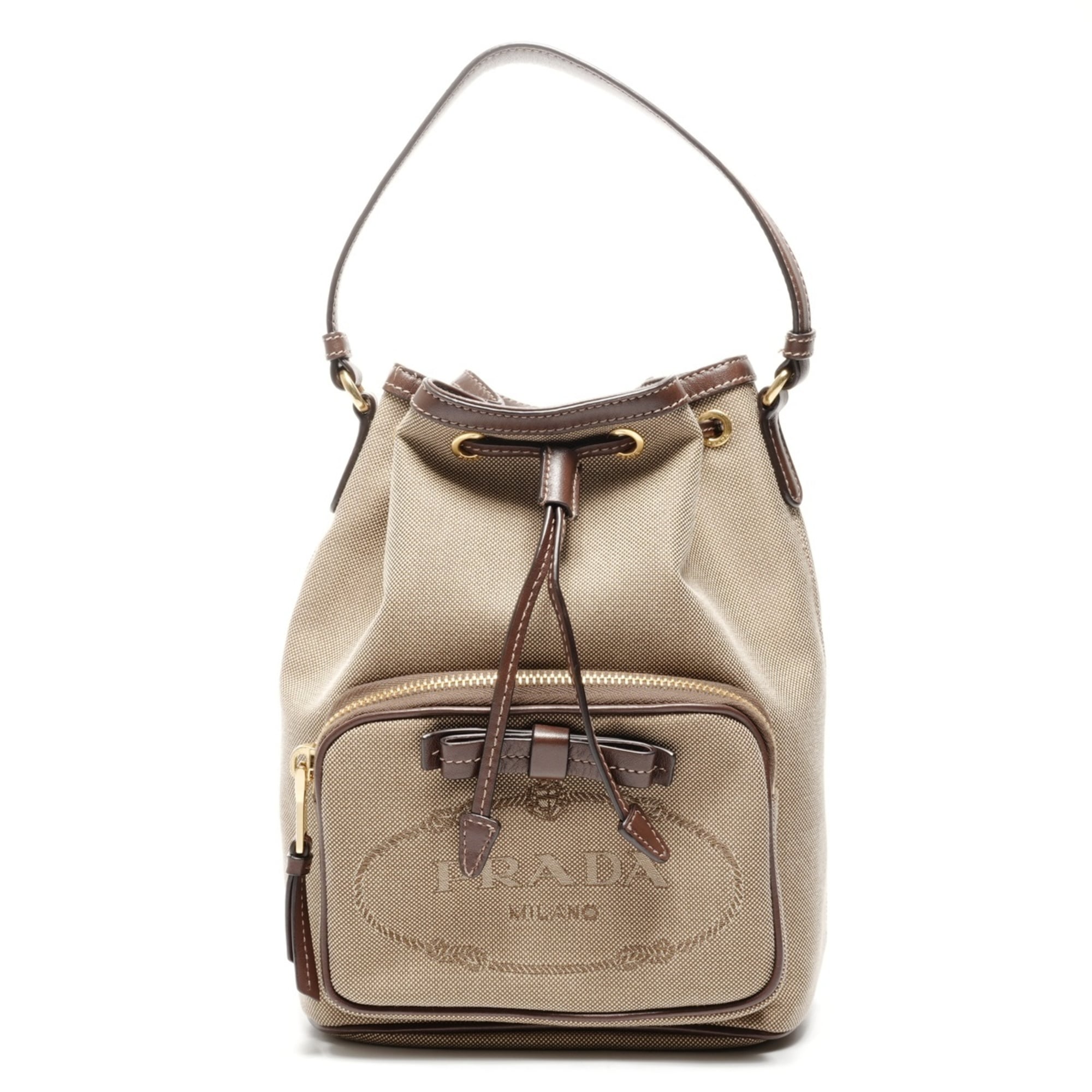 Prada Jacquard Logo Drawstring Shoulder Bag in Beige