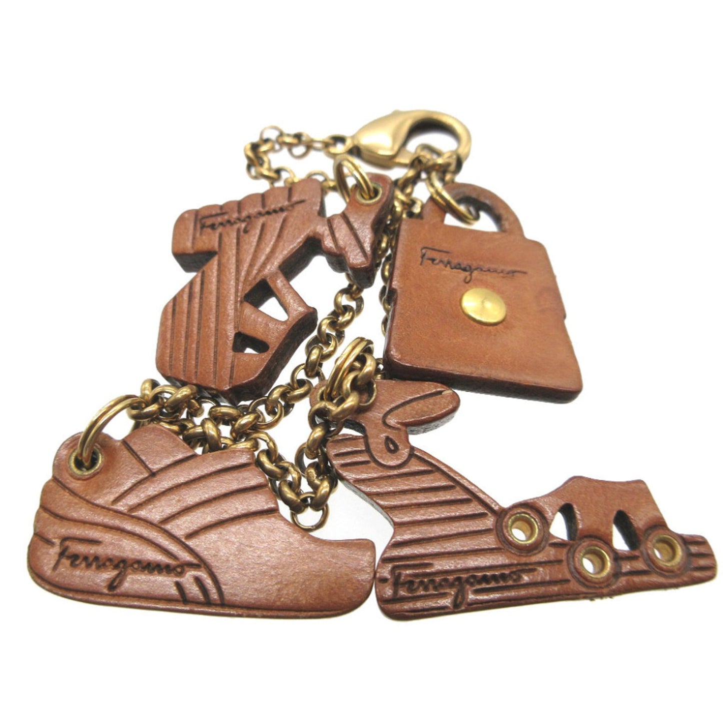 Excellent condition Salvatore Ferragamo leather shoes, bag, metal bag charm, brown bracelet, 0019