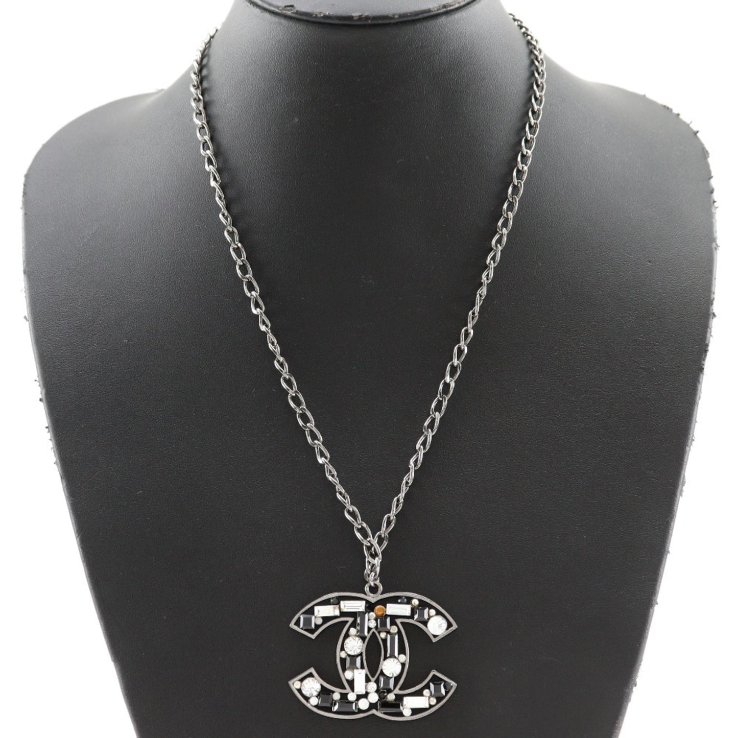 CHANEL COCO Mark Necklace with Rhinestones, 2003, Silver/Black, 03A, Approx. 34.1g, Women's