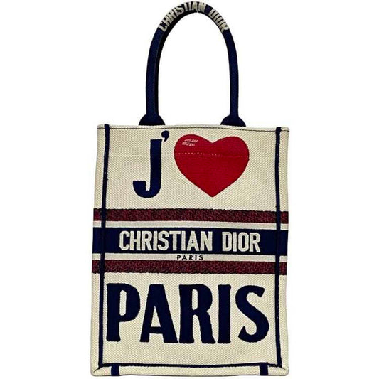 Christian Dior Handbag Book Tote Vertical f-22696 White Navy Red Canvas 50-MA-0241 Freestanding Heart Embroidery