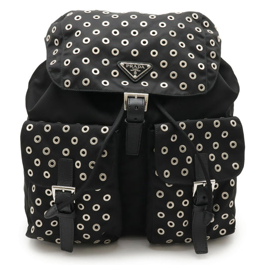 PRADA Grommet Triangle Backpack, Perforated Nylon and Leather, Black, 1BZ811