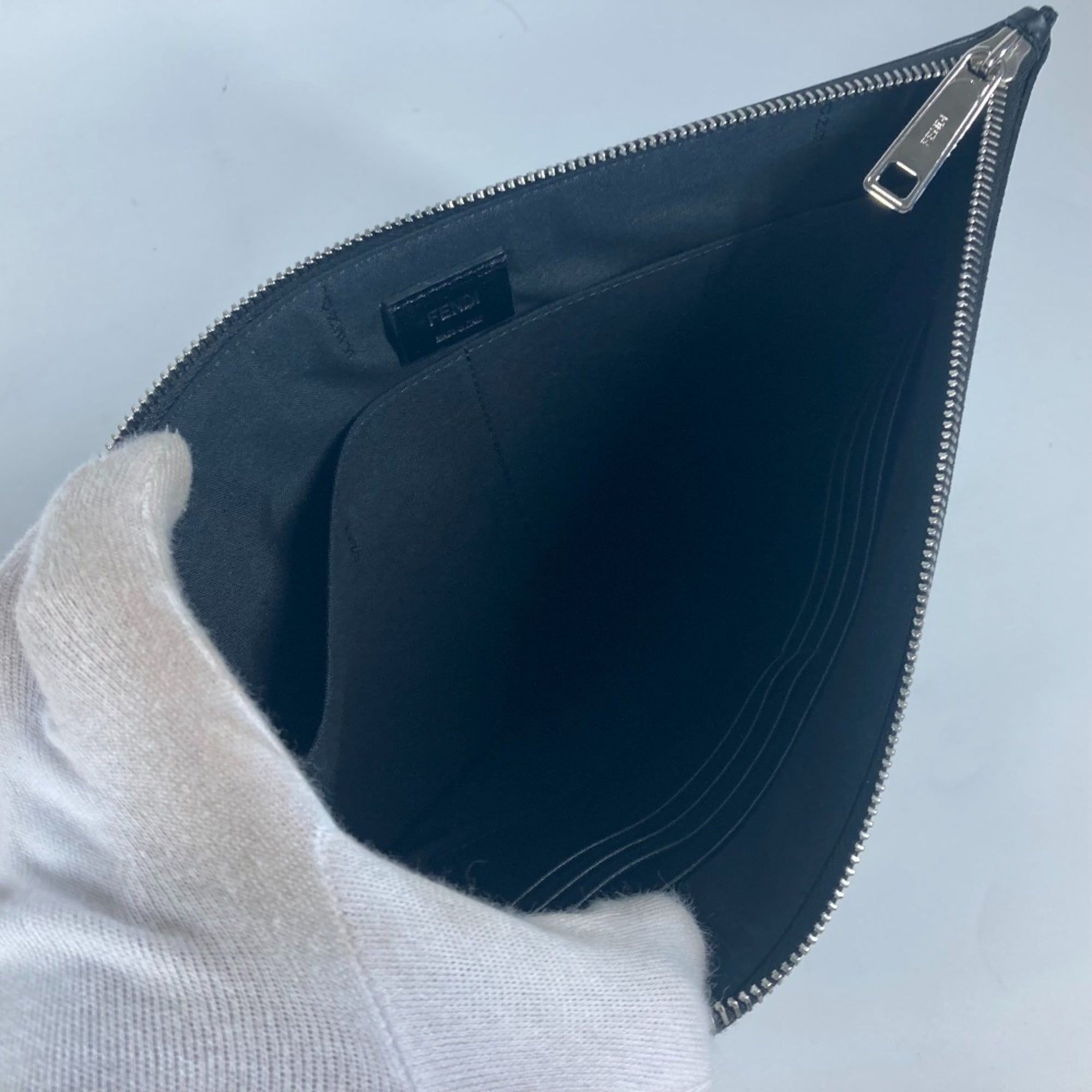 FENDI 7N0110 Flat Diagonal Zucca Second Bag Pouch Clutch Leather Men's Black x Yellow Gray E-240828-5 — Like New