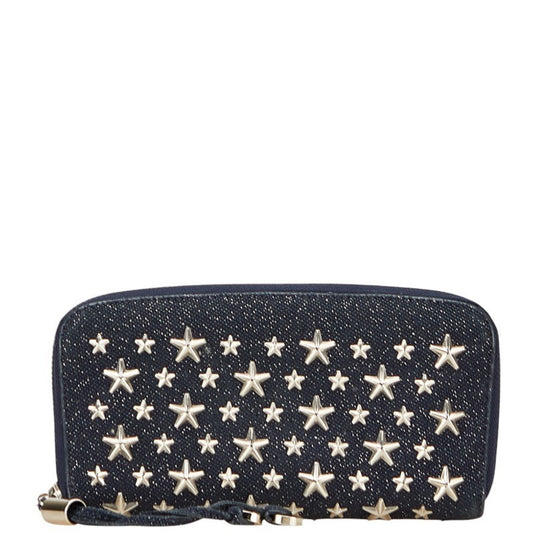 Jimmy Choo Star Studs Long Wallet Navy Canvas Leather Women's JIMMY CHOO