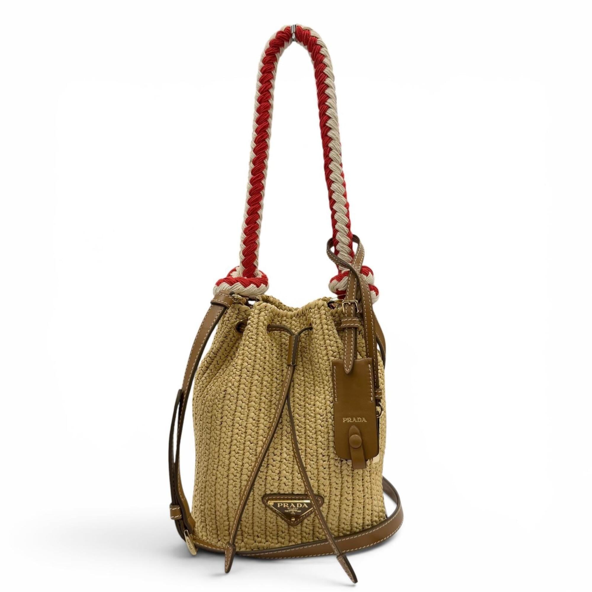 PRADA 1BE068 Crochet Mini Bucket Bag with Triangle Logo, Leather Accents, Raffia, 2-Way Shoulder Bag/Handbag, Natural Finish, Made in Italy, Women's, Dust Bag — Like New