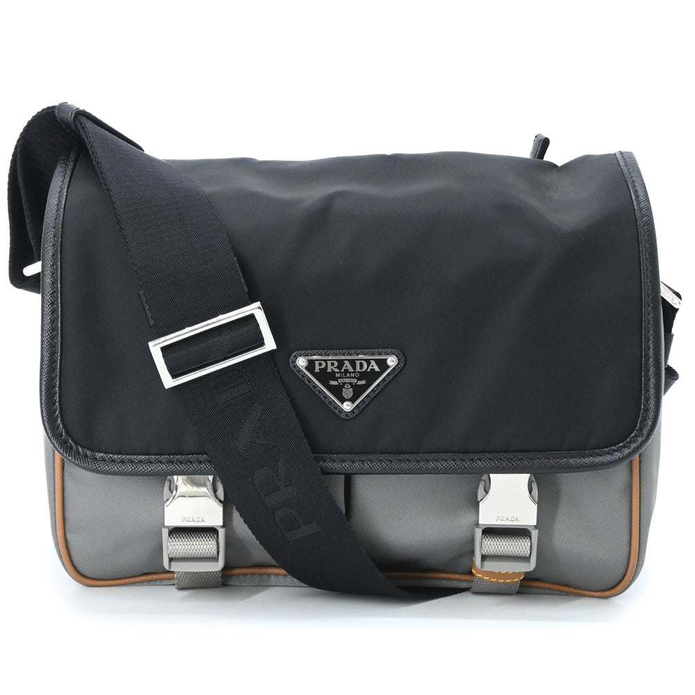 PRADA Tessuto Re-Nylon Triangle Shoulder Bag, Black, Gray, Brown, 2VD769 — New - Store Return