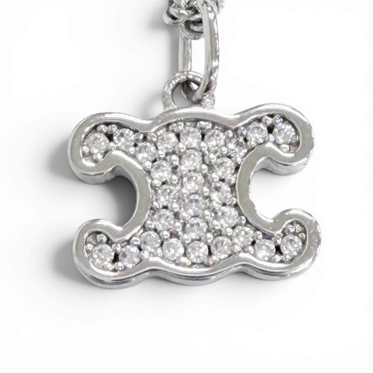 CELINE 460GB6BZI Triomphe Rhinestone Necklace, Silver, Made in Italy, Women's, with Box and Dust Bag — Like New