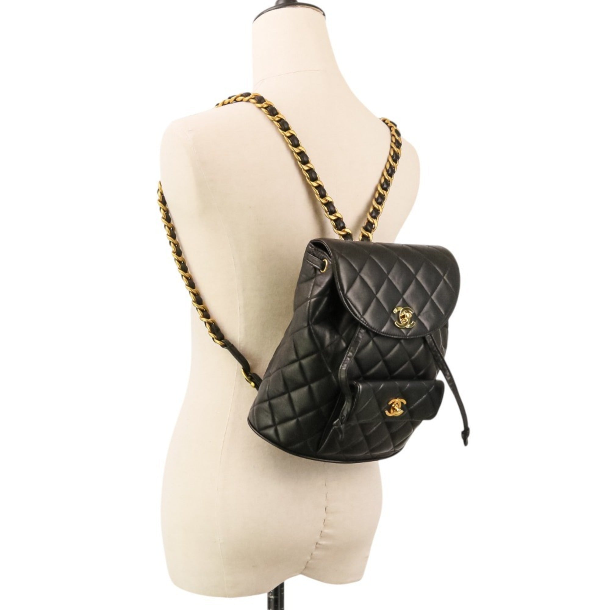 CHANEL Vintage Matelassé Lambskin Chain Shoulder Turnlock Backpack Rucksack Black Women's — Like New
