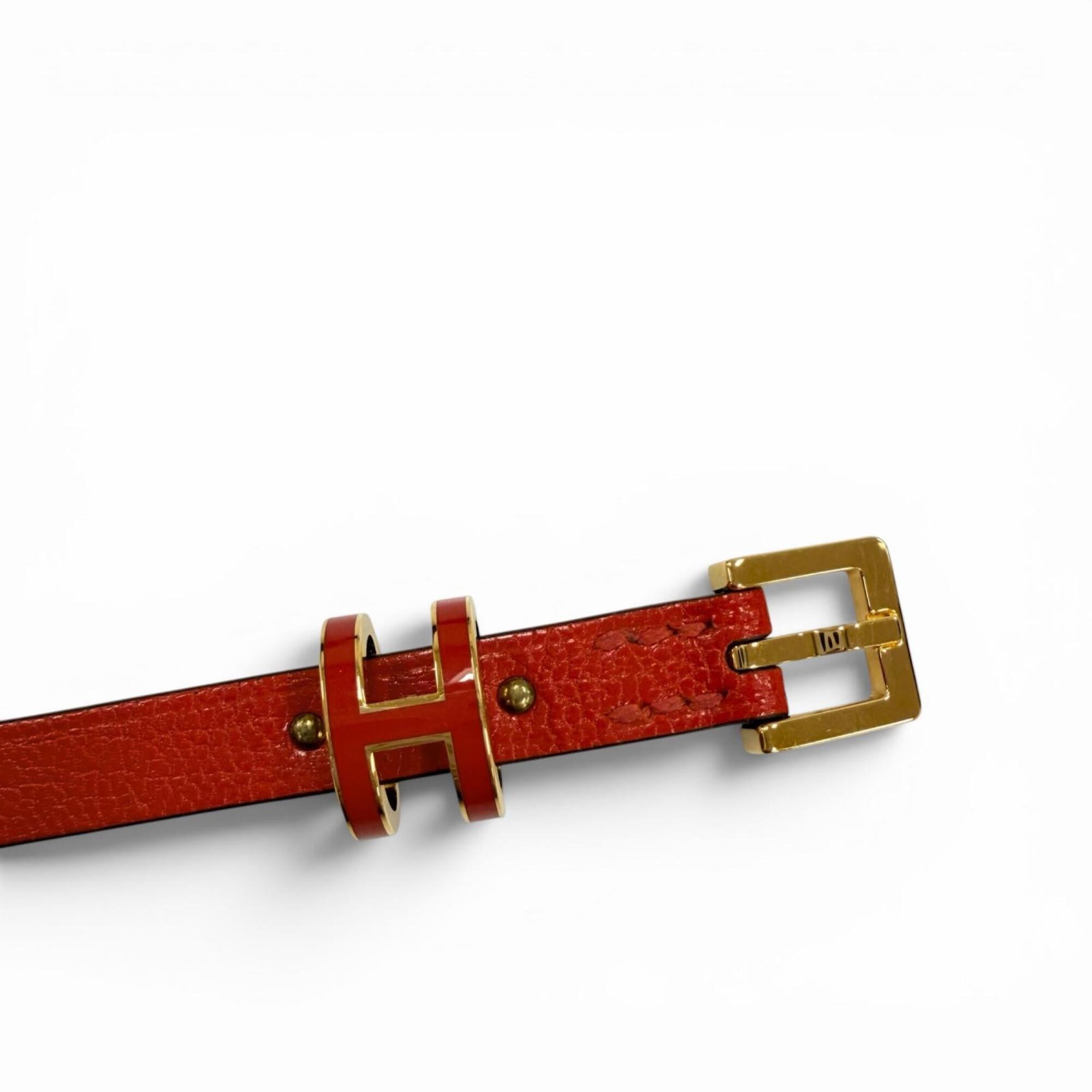 HERMES Pop H Double Tour Leather Bracelet with Golden Yellow Hardware, Red, T2 K Stamp, Made in France, Women's, Box and Dust Bag — Like New